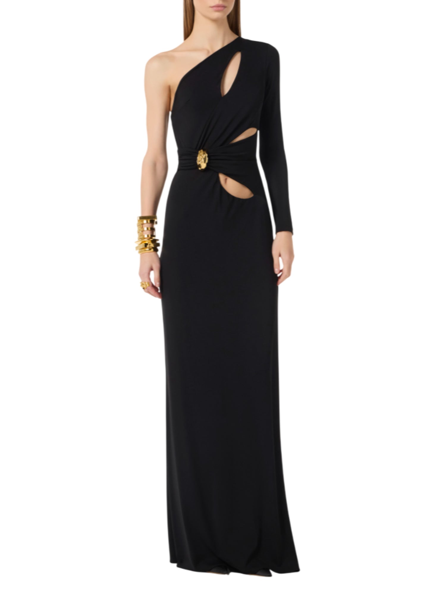 Elisabetta Franchi abito lungo monospalla con cut out nero ABR2561 110 ELISABETTA FRANCHI 
