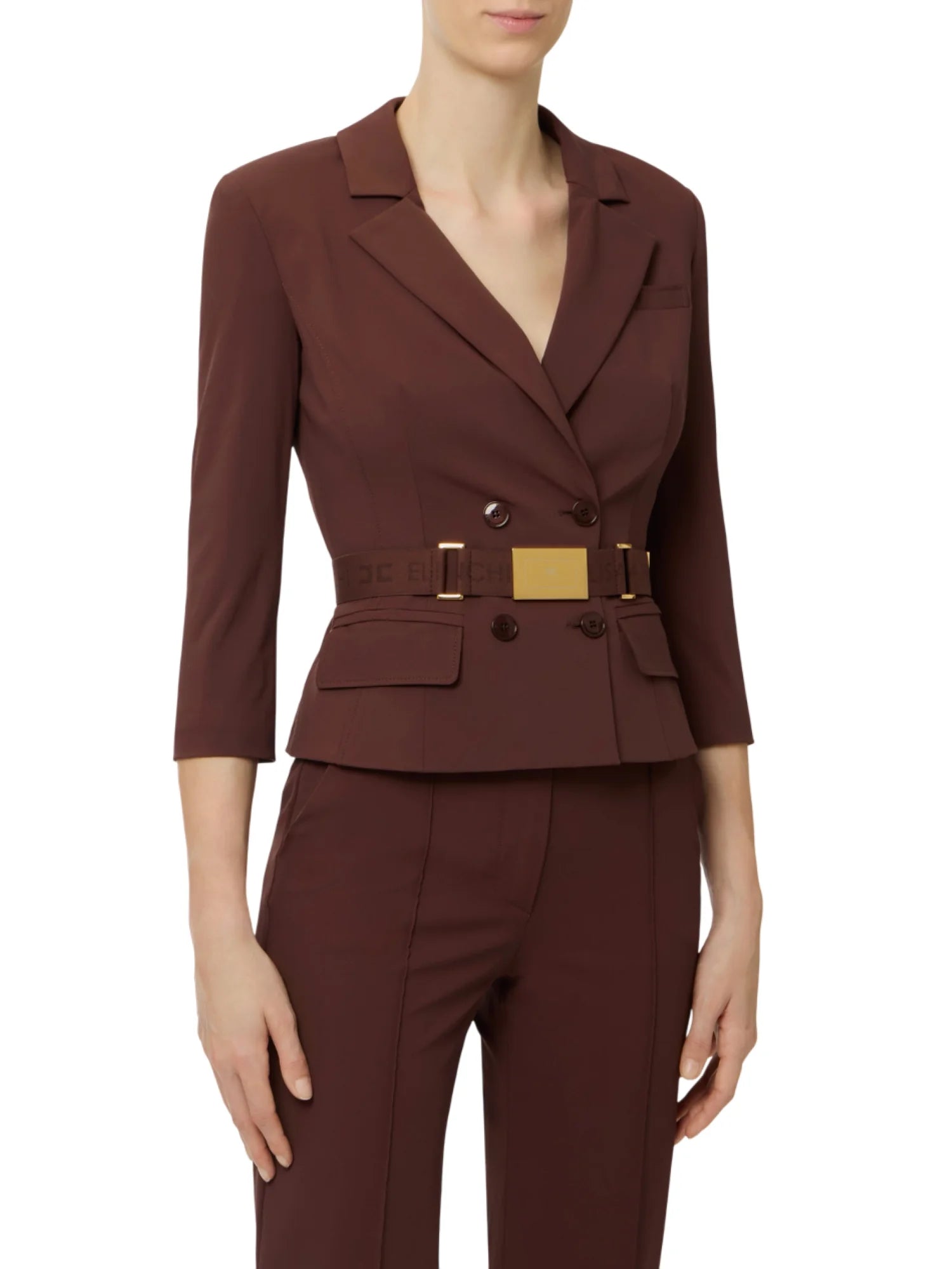 Elisabetta Franchi giacca doppiopetto in tessuto tecnico marrone GI22461 644 ELISABETTA FRANCHI 