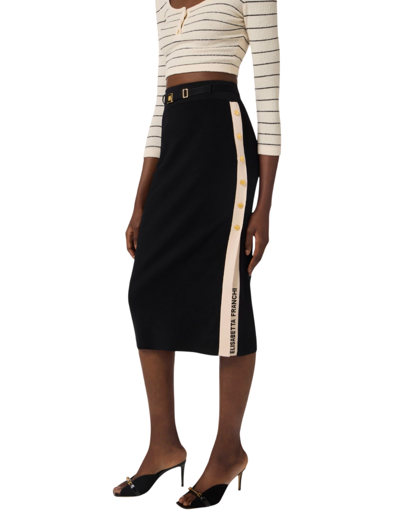 Elisabetta Franchi gonna midi in maglia con banda nero GK27S61 685 ELISABETTA FRANCHI 