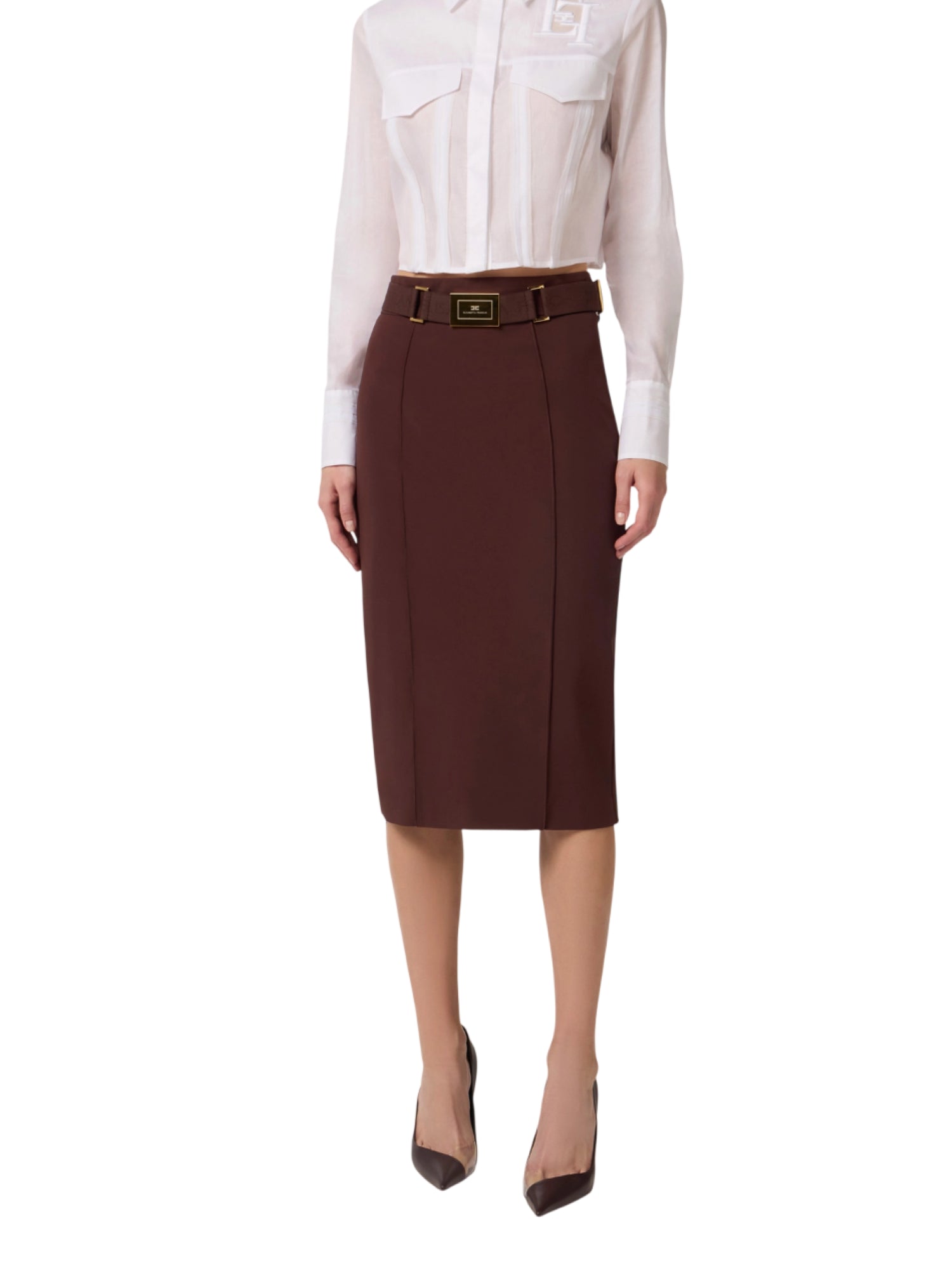 Elisabetta Franchi gonna tubino in tessuto tecnico marrone GO15961 644 ELISABETTA FRANCHI 