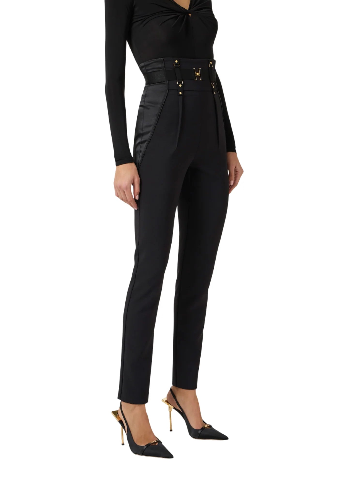 Elisabetta Franchi pantaloni vita alta bustier in crepe e raso nero PA18062 110 ELISABETTA FRANCHI 