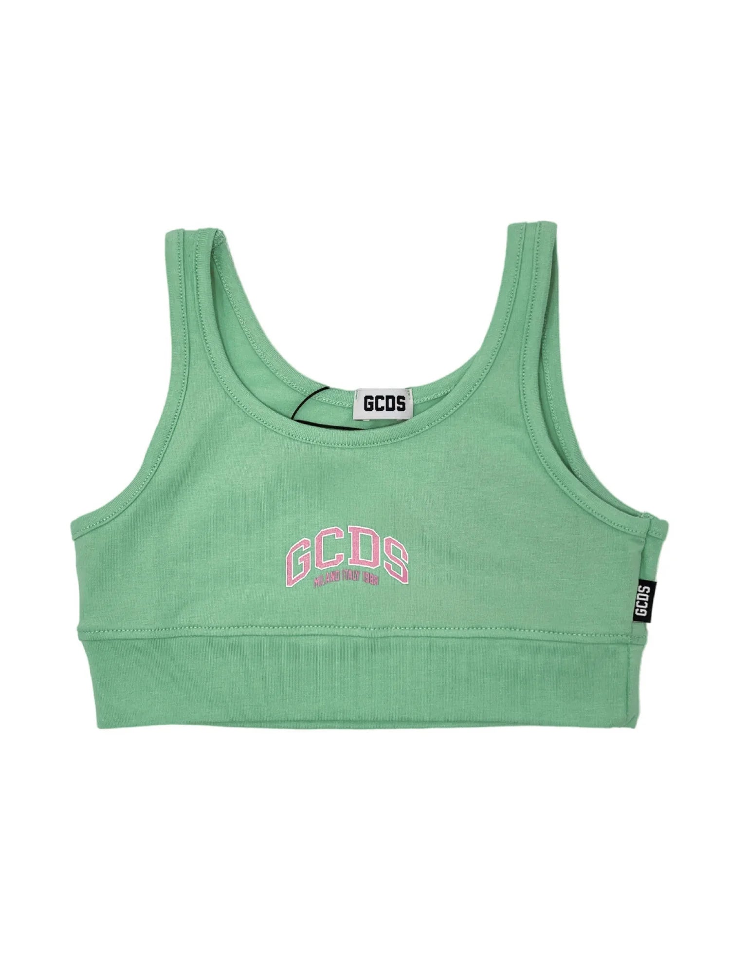GCDS top bambina crop con logo verde C1GJQG544J336 MINT GREEN-PINK GCDS 
