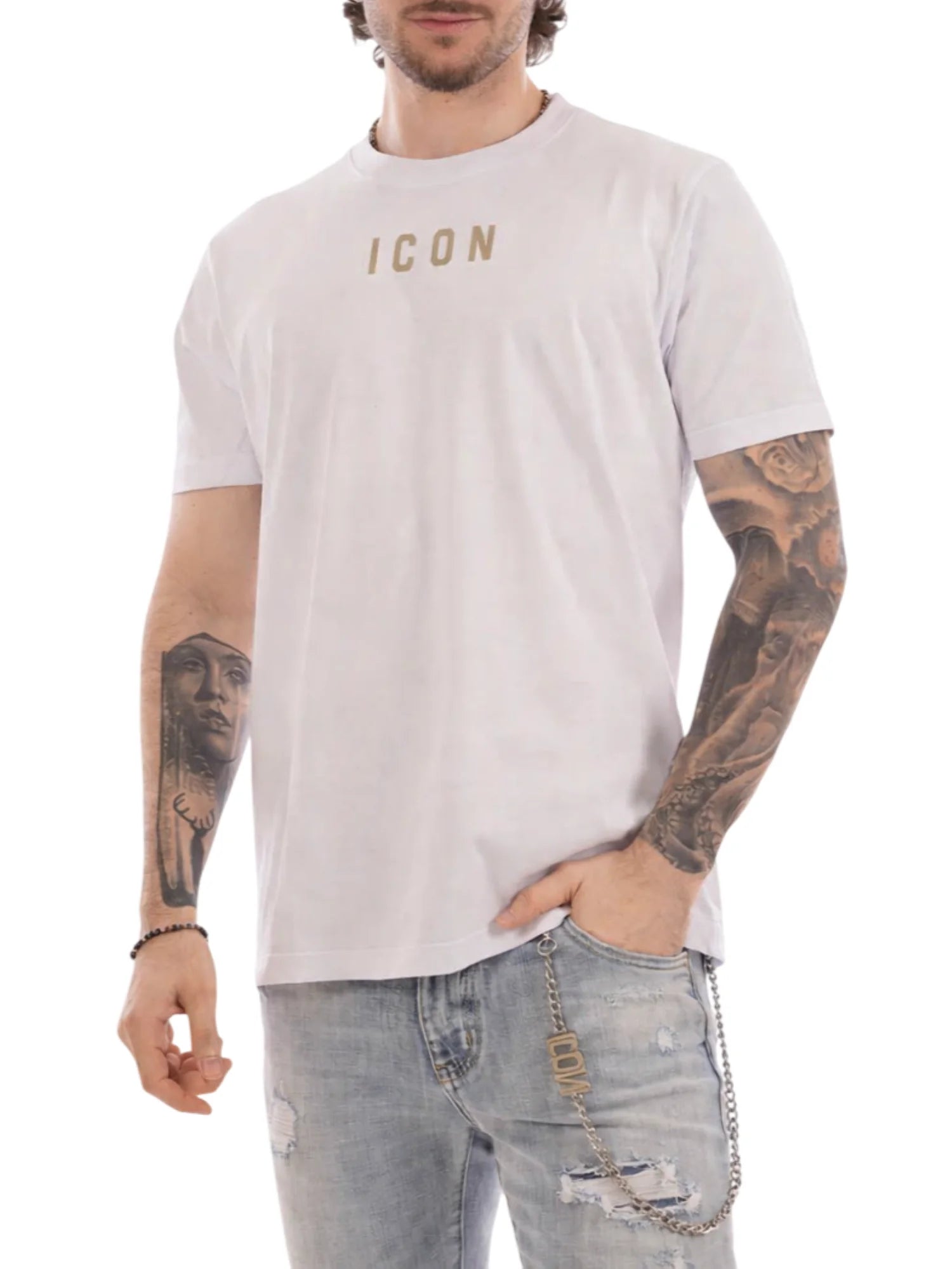 Icon T-shirt uomo manica corta con logo bianco beige IUT002 BIANCO-AVORIO ICON 