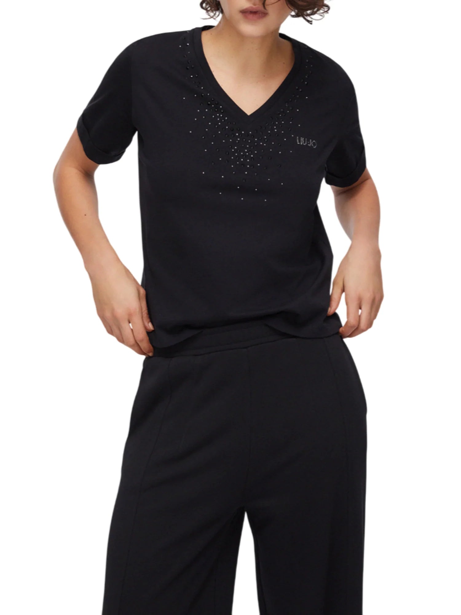Liu Jo T-shirt scollo a V con strass nero TA6284JS923 22222 LIU JO 
