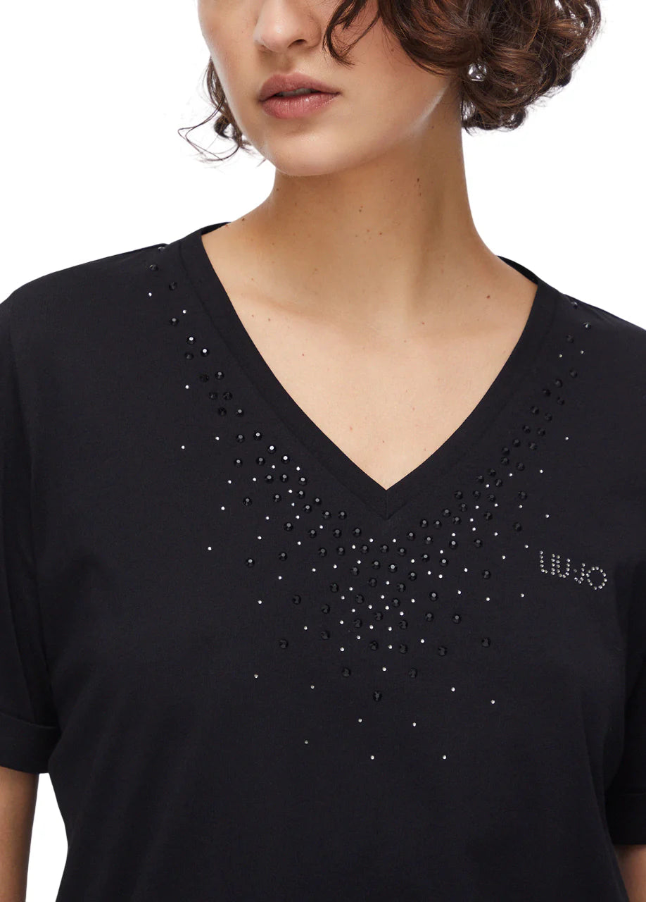 Liu Jo T-shirt scollo a V con strass nero TA6284JS923 22222 LIU JO 