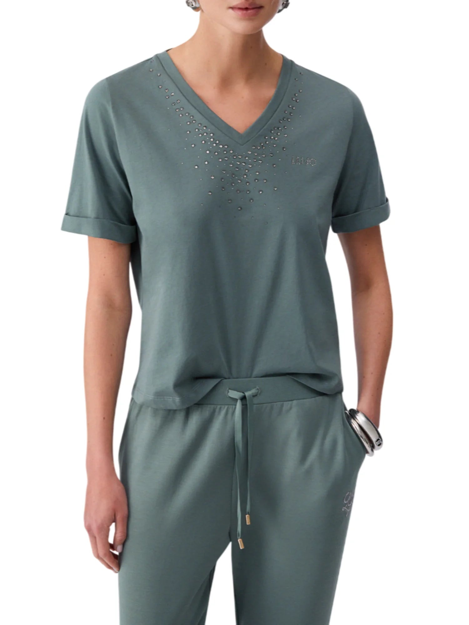 Liu Jo T-shirt scollo a V con strass verde salvia TA6284JS923 76009 LIU JO 