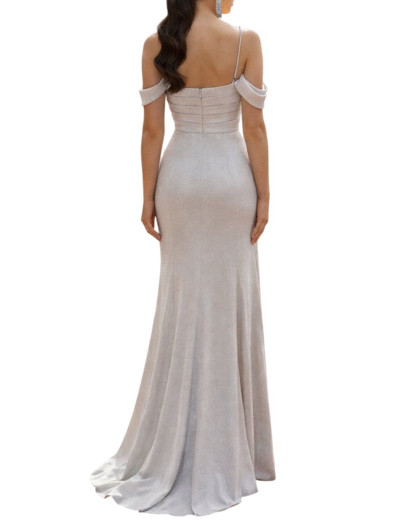 Marfil abito da cerimonia lurex con spacco argento 1J1M6LRX00 005-PLATA MARFIL BARCELONA 