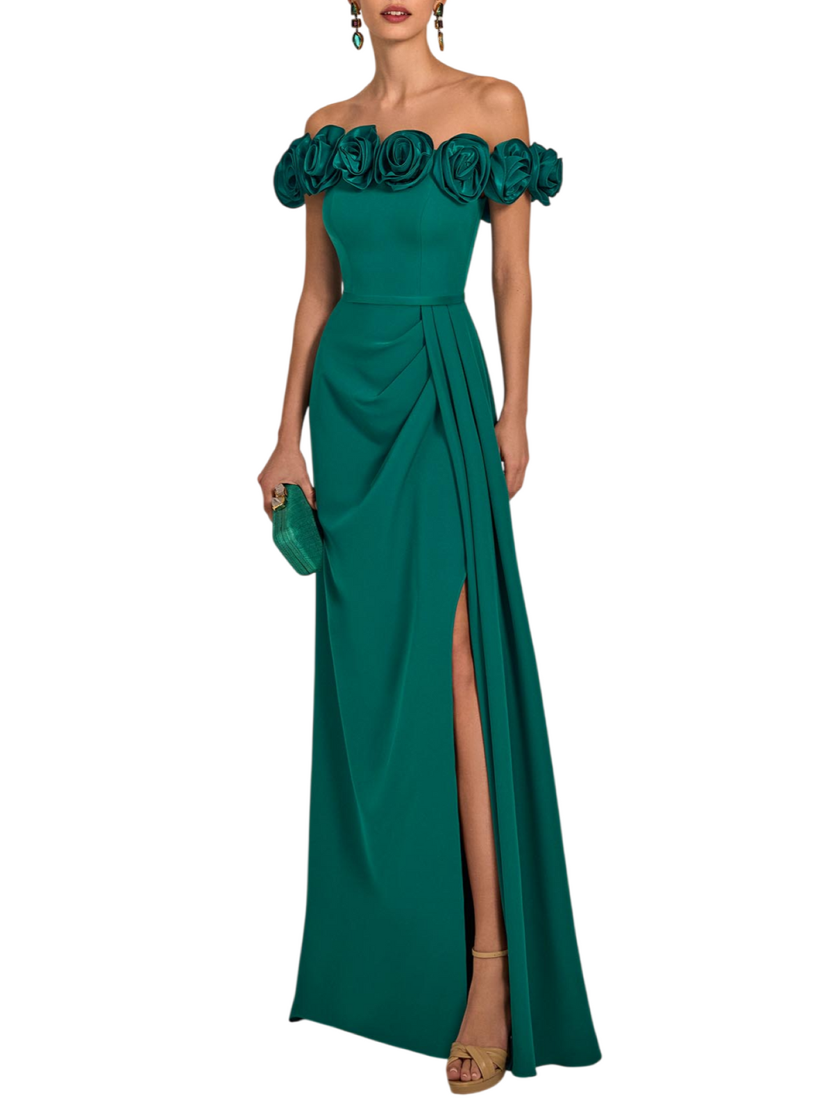 Marfil abito cerimonia donna con rose verde 1J2K9CRL00755 JADE OSCURO MARFIL BARCELONA 