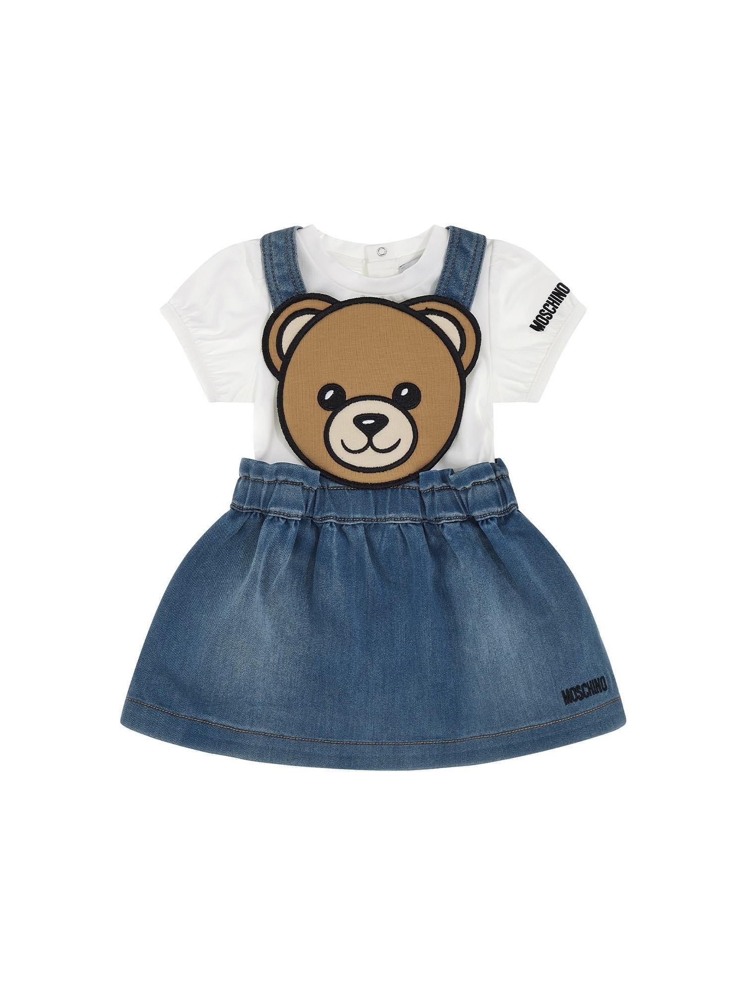 Moschino salopette con orsetto e T-shirt neonata bianco blu MDG01V-LXE43 40332 MOSCHINO 