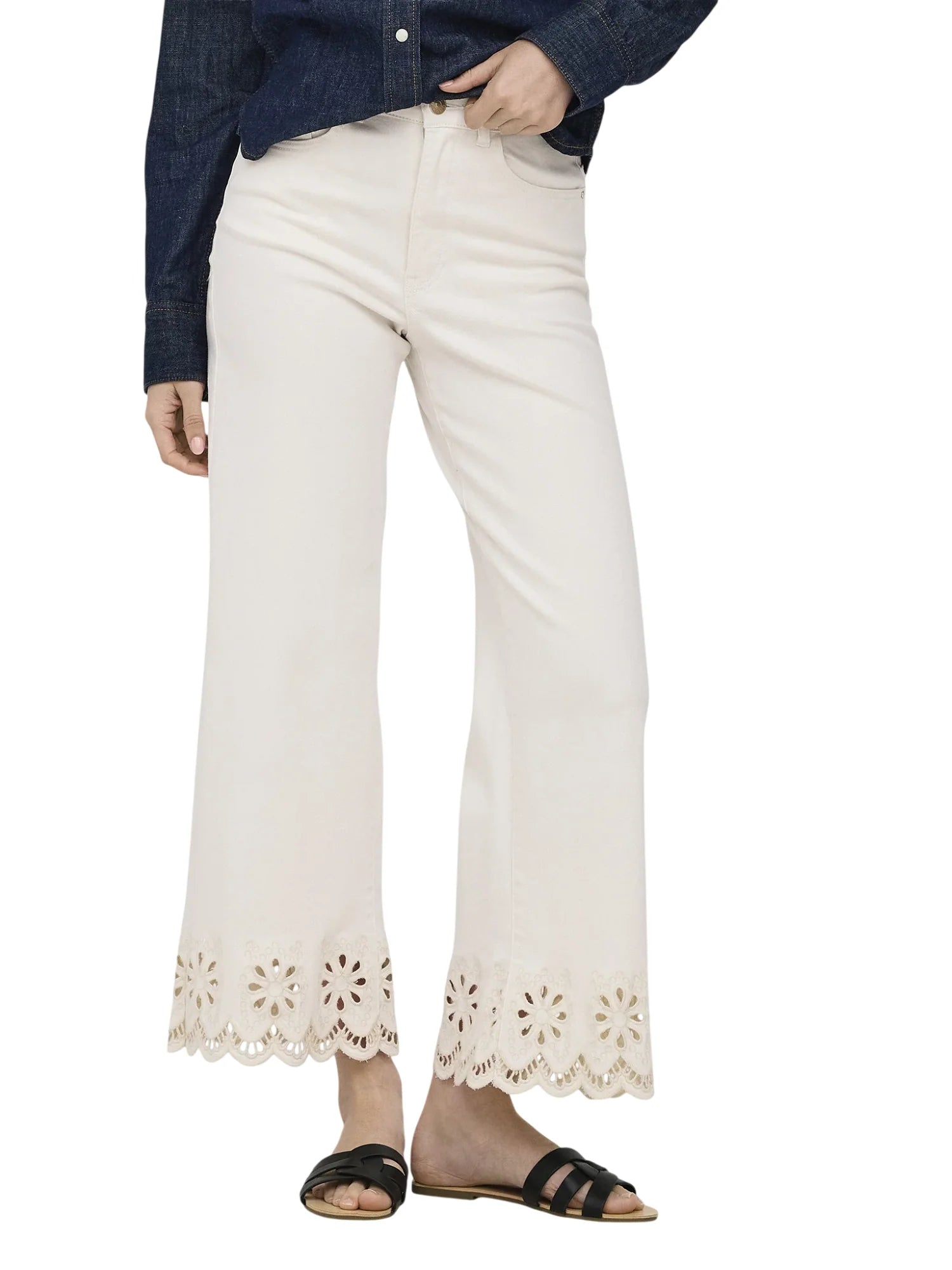 Only jeans donna wide leg con dettagli in pizzo Sangallo panna 15372378 WHITE DENIM ONLY 