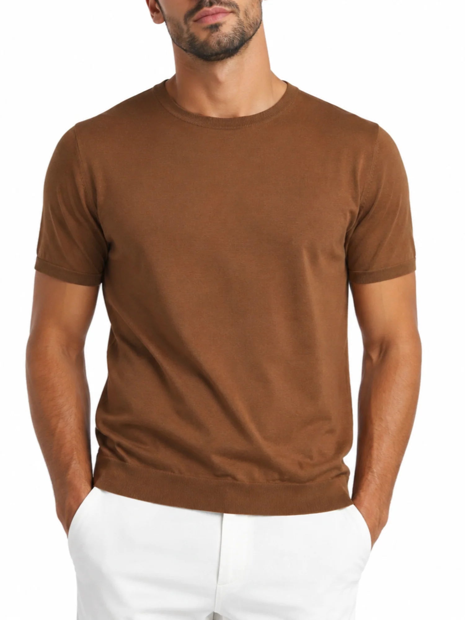 Opificio maglia manica corta uomo misto lino marrone 661261 AVANA Opificio 4.0 
