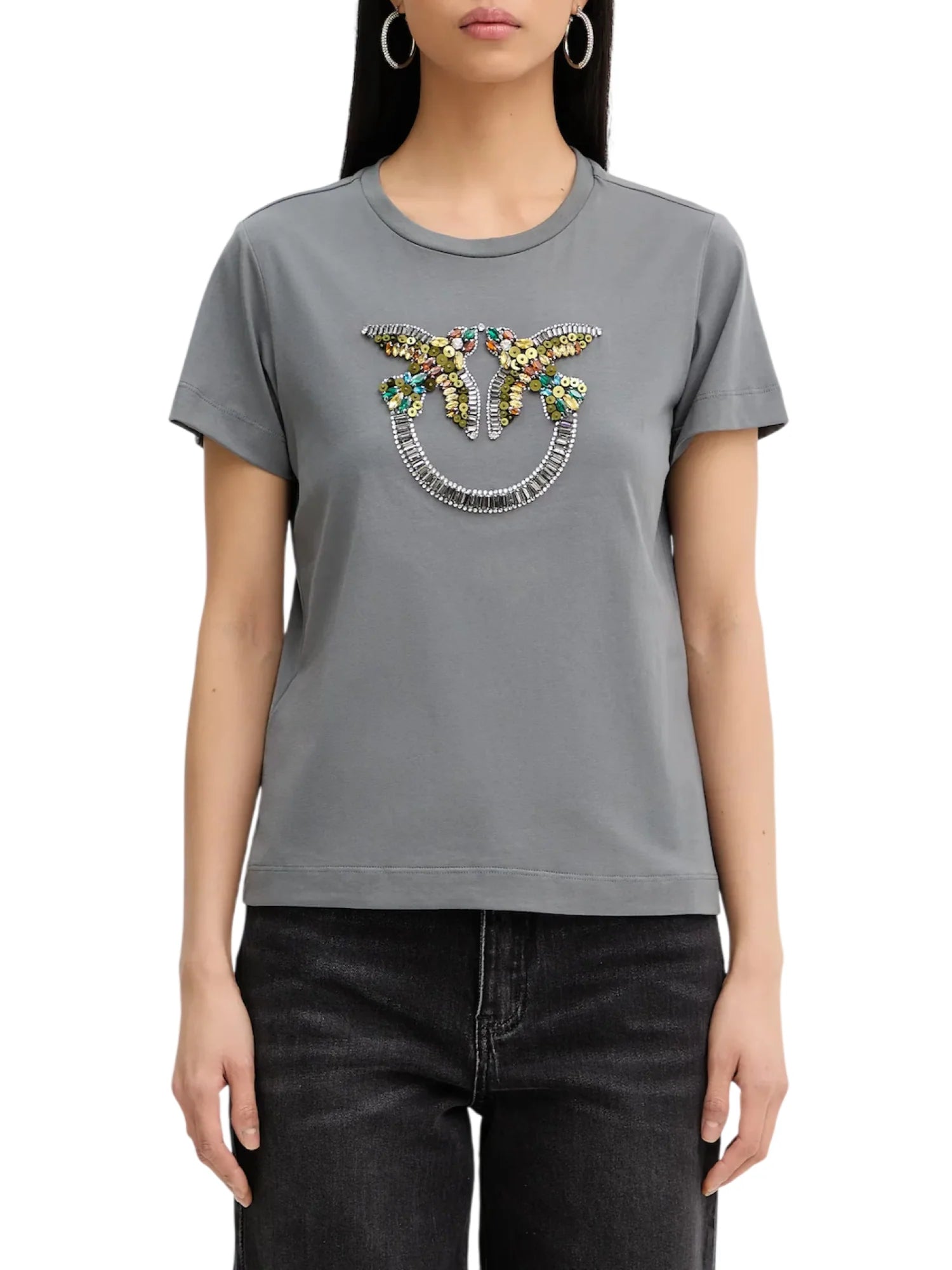 Pinko T-shirt Quentin con logo Love Birds gioiello grigio 100535-A33F K10 PINKO 