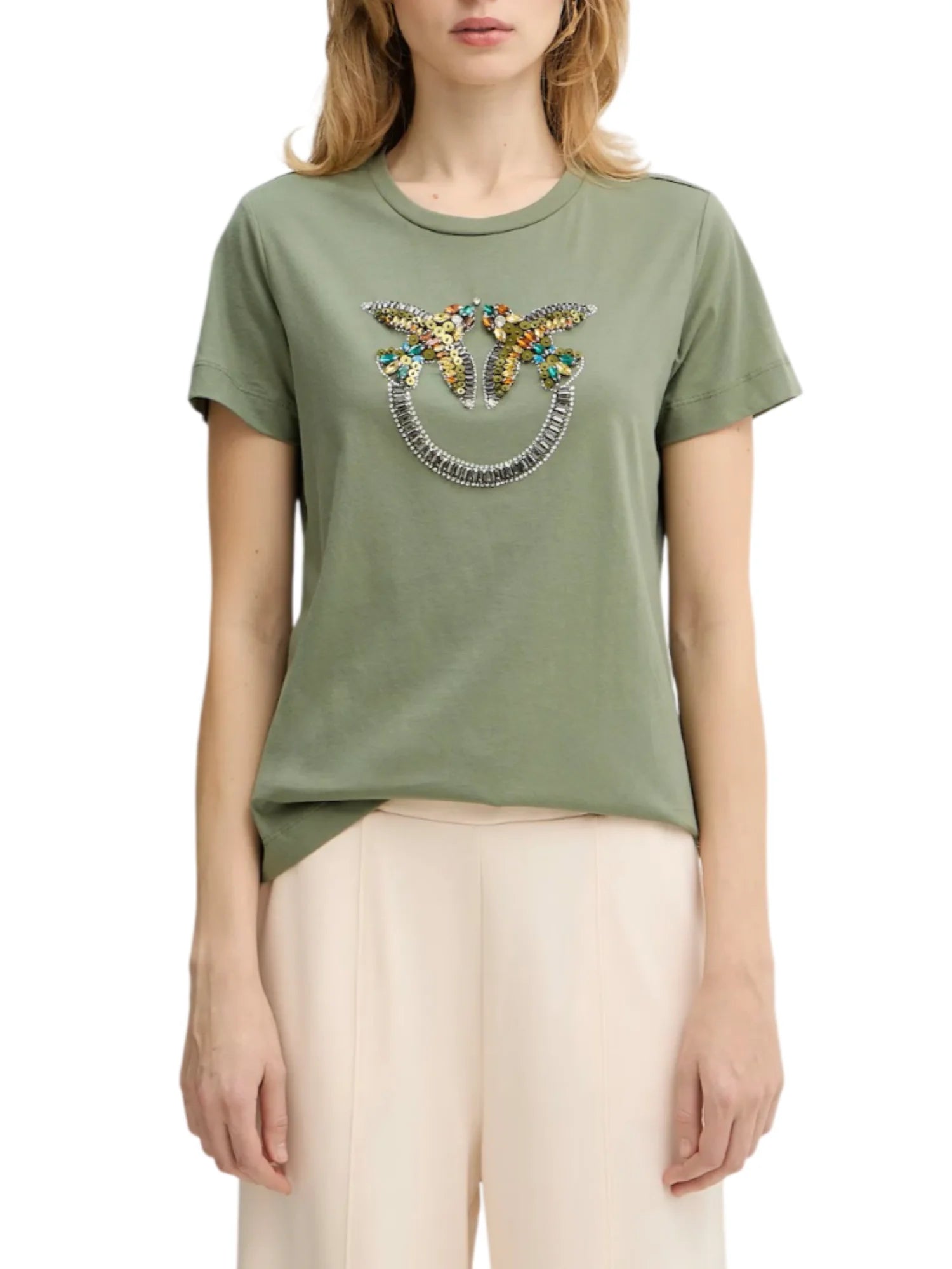 Pinko T-shirt Quentin con logo Love Birds gioiello verde 100535-A33F U84 PINKO 