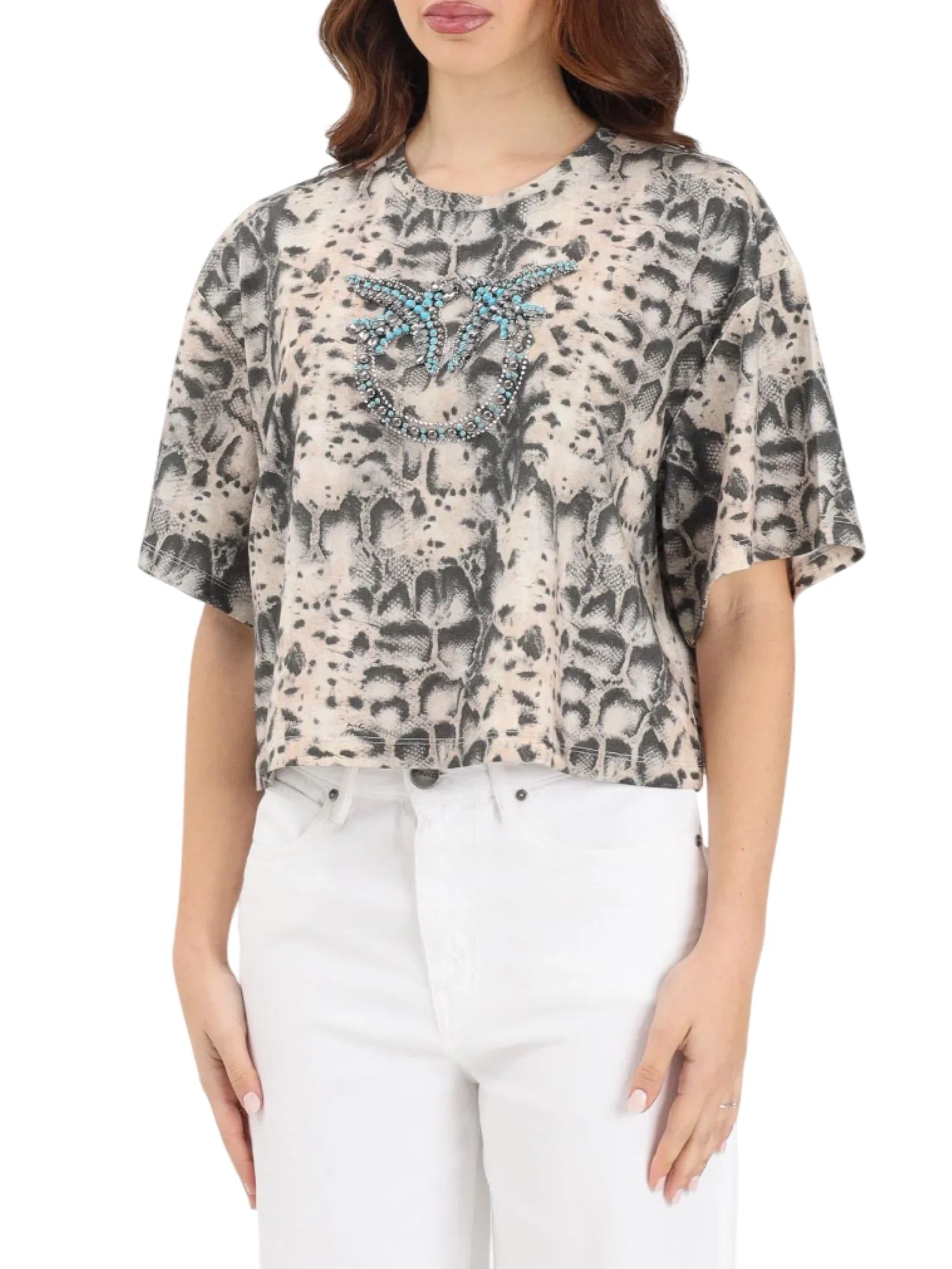 Pinko T-shirt Terni stampa pitonata con logo gioiello beige nero 106921-A3C8 CZ9 PINKO 