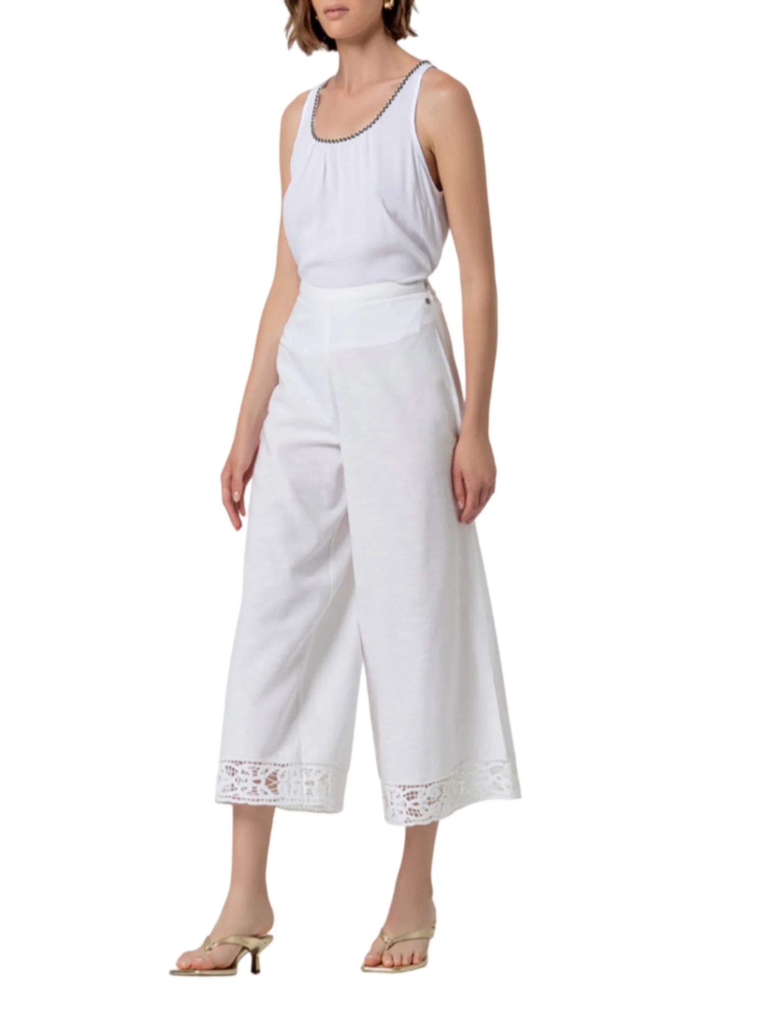 Surkana pantaloni wide leg crop con dettagli crochet bianco 526MISO523 01 SURKANA 