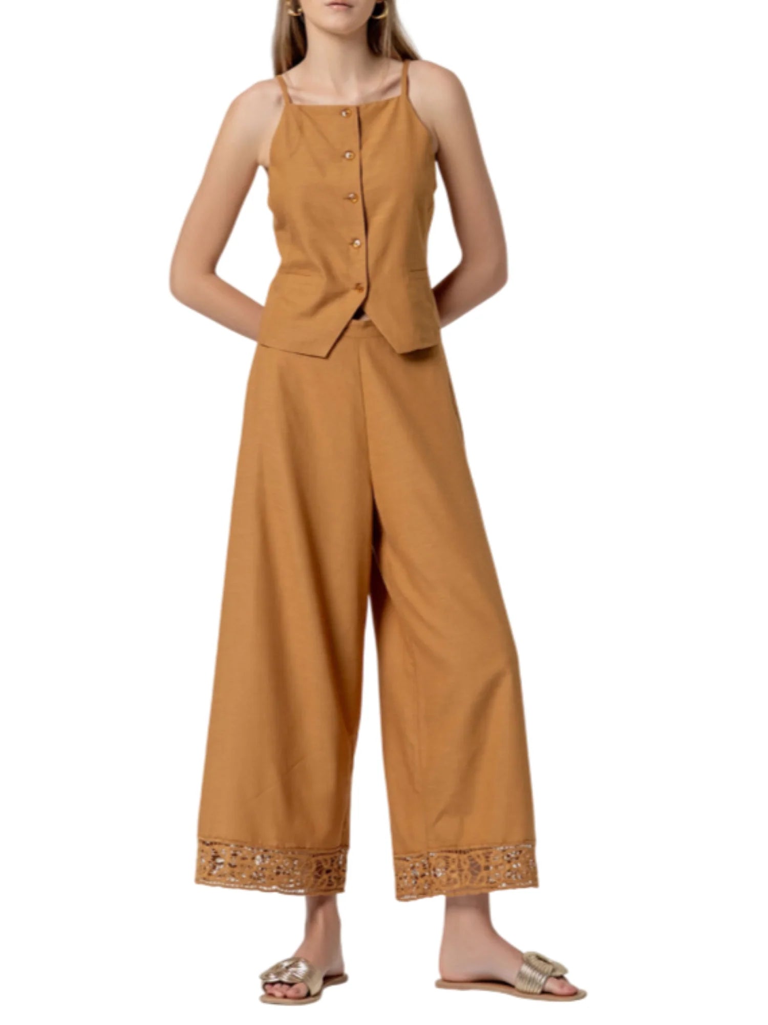 Surkana pantaloni wide leg crop con dettagli crochet color cammello 526MISO523 04 SURKANA 
