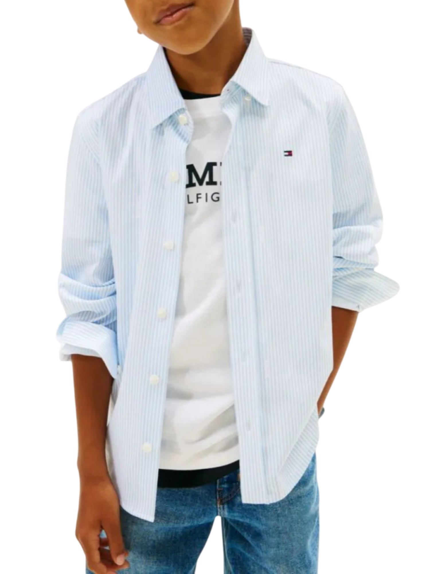 Tommy Hilfiger camicia a righe bambino celeste bianco KB0KB10155 YBR Tommy Hilfiger 