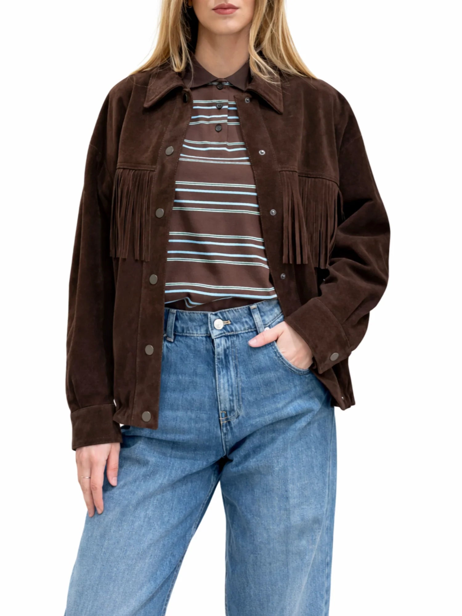 Vicolo giubbino in pelle scamosciata con frange marrone TAB0170 MARRONE VICOLO 