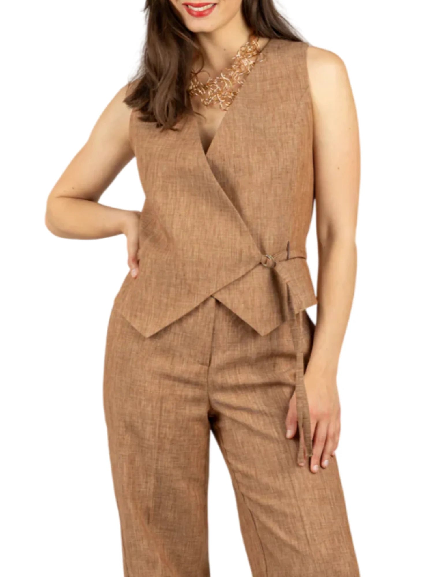 Vicolo gilet donna misto lino fiammato marrone TAB1728 TABACCO VICOLO 