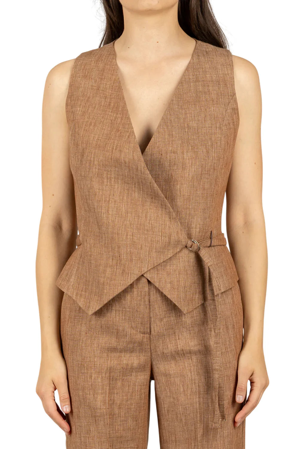 Vicolo gilet donna misto lino fiammato marrone TAB1728 TABACCO VICOLO 