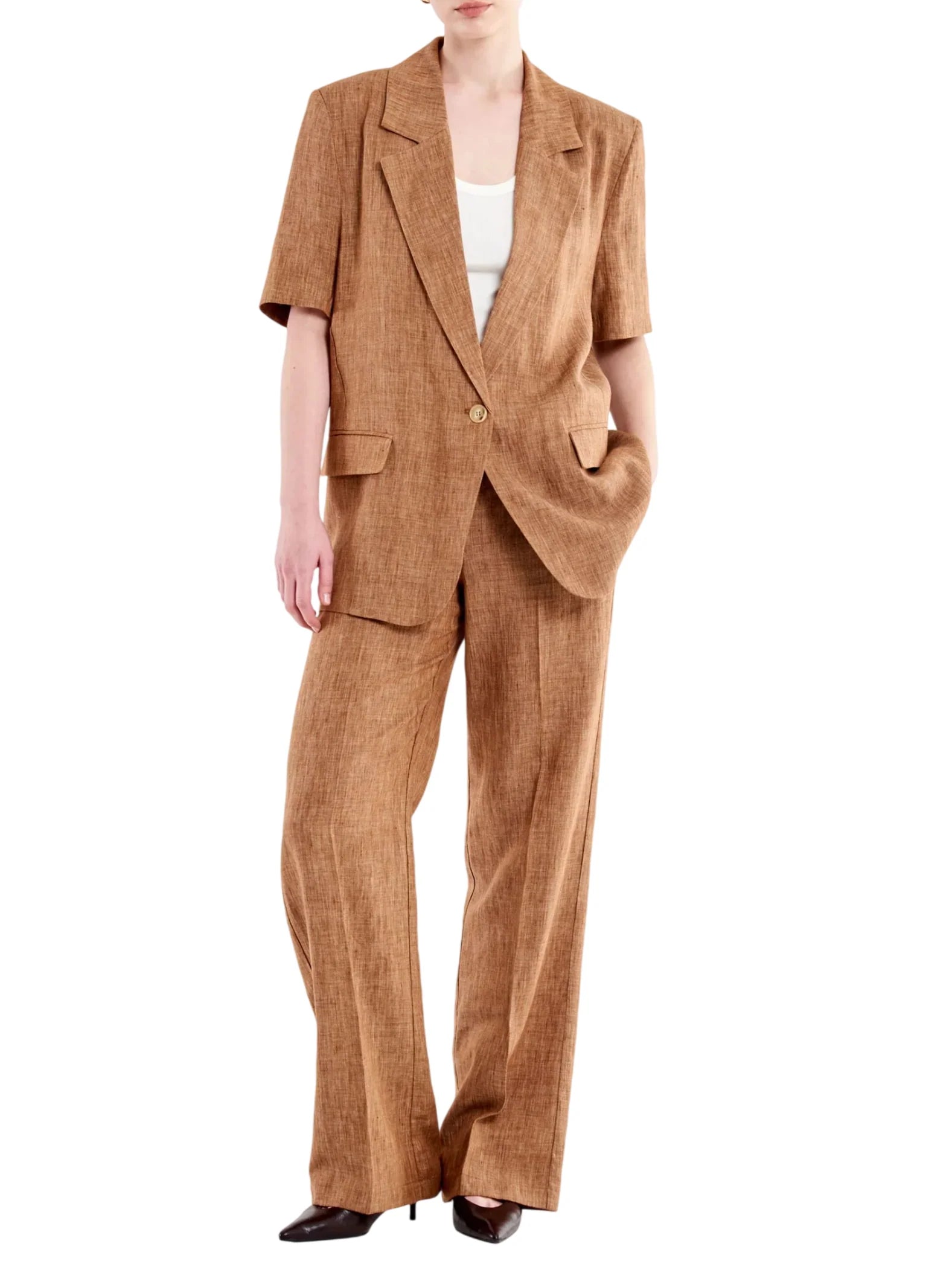 Vicolo giacca blazer manica corta misto lino fiammato marrone TAB1729 TABACCO VICOLO 