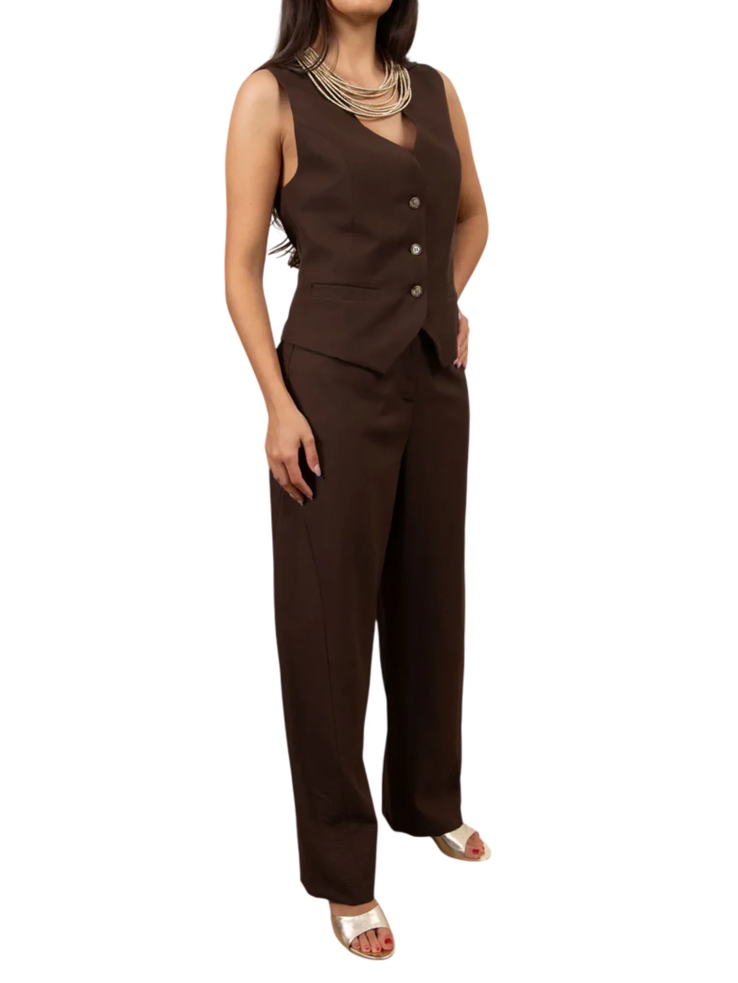 Vicolo completo donna gilet e pantaloni misto lino marrone TAB2327 MORO VICOLO 
