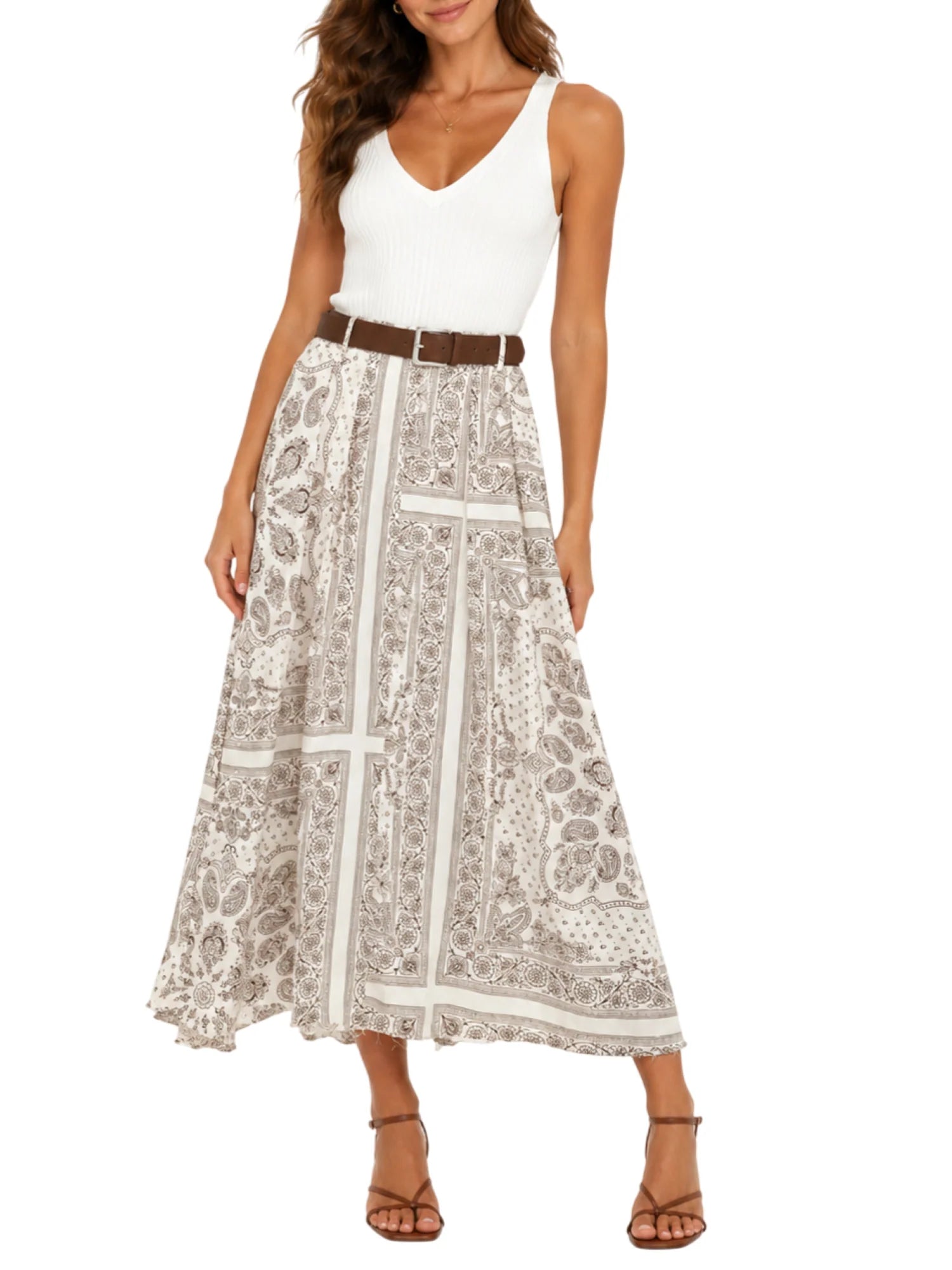 Vicolo gonna midi svasata in fantasia beige marrone TAB2730 NATURALE VICOLO 