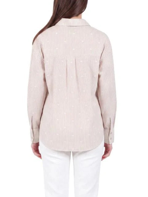 Yes Zee camicia a righe donna con cuoricini bianco beige C418-Y400 2203 YES-ZEE 