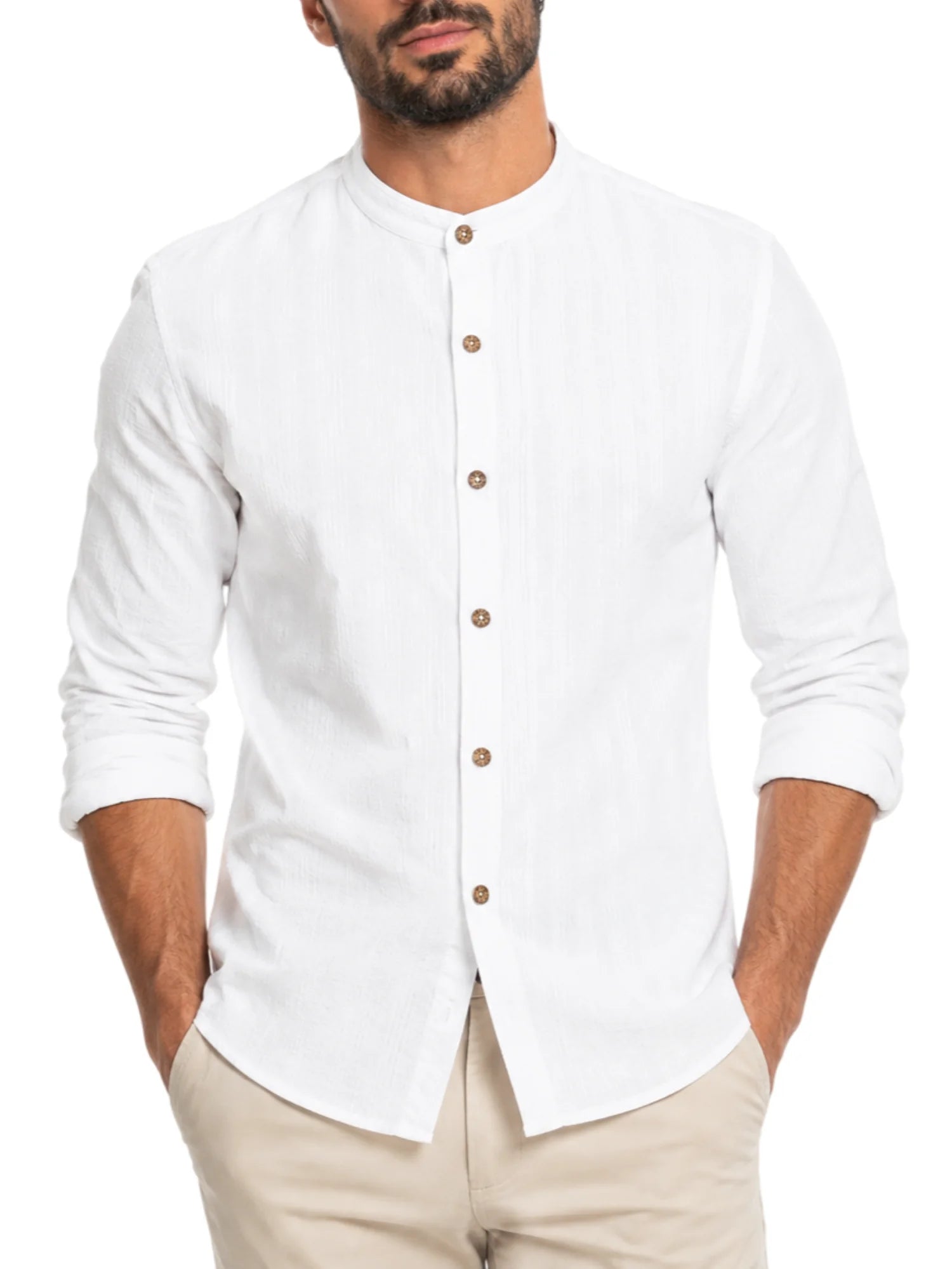 Yes Zee camicia alla coreana misto lino uomo bianco C512-UC00 0101 YES-ZEE 