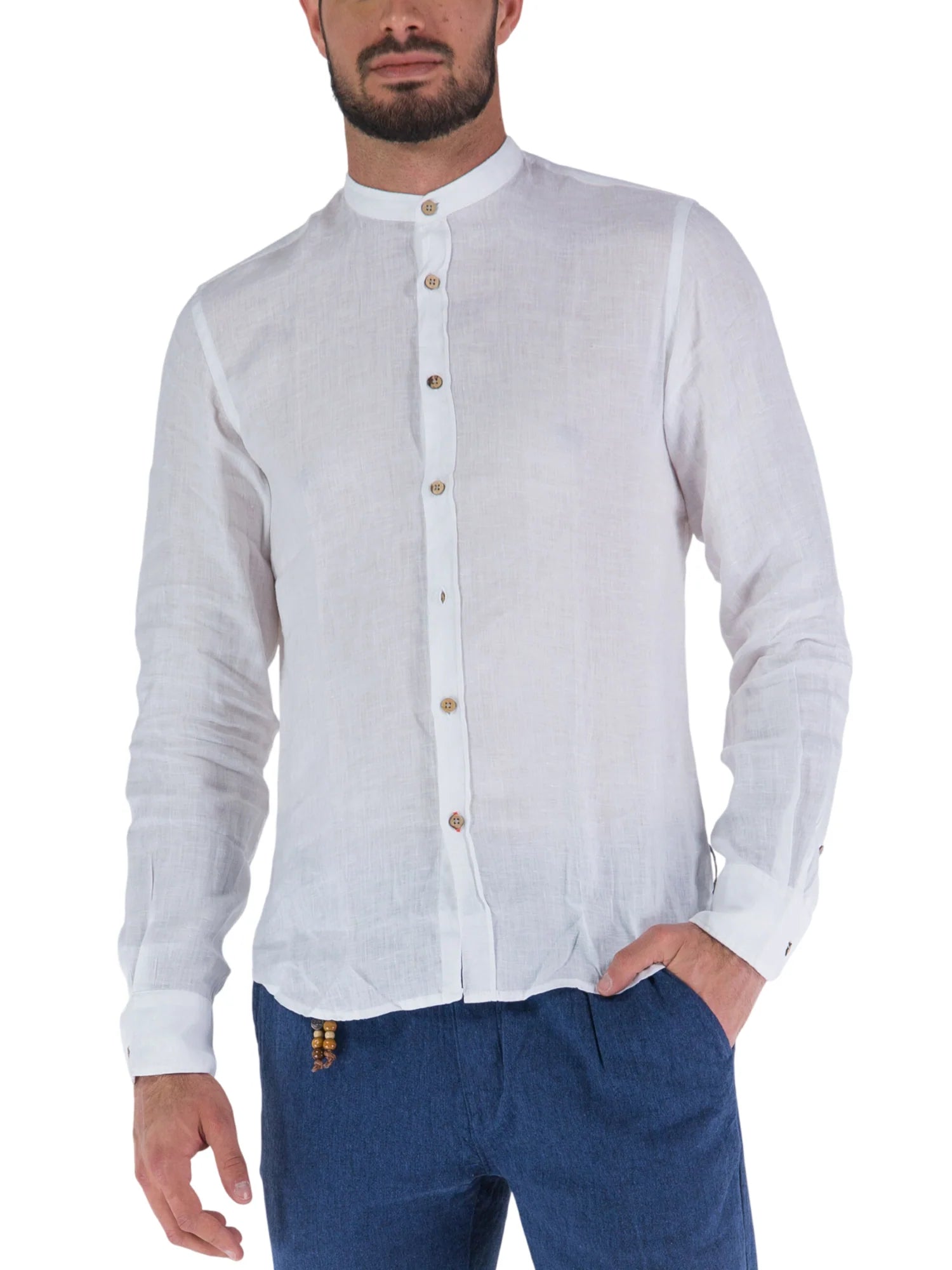 Yes Zee camicia alla coreana in lino manica lunga panna C512-UP00 0107 YES-ZEE 