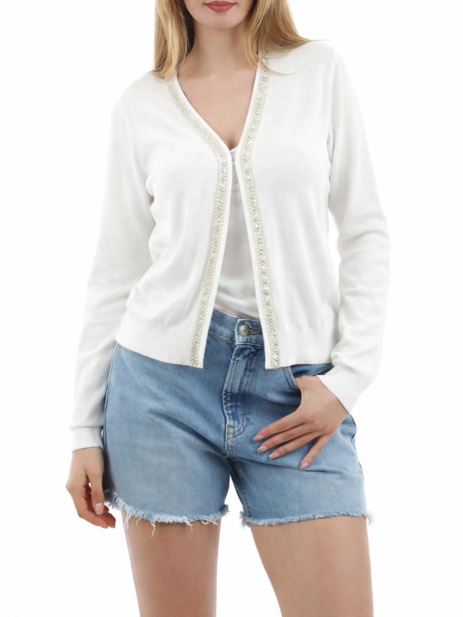 Yes Zee cardigan donna con applicazioni gioiello panna M451-IF00 0107 YES-ZEE 