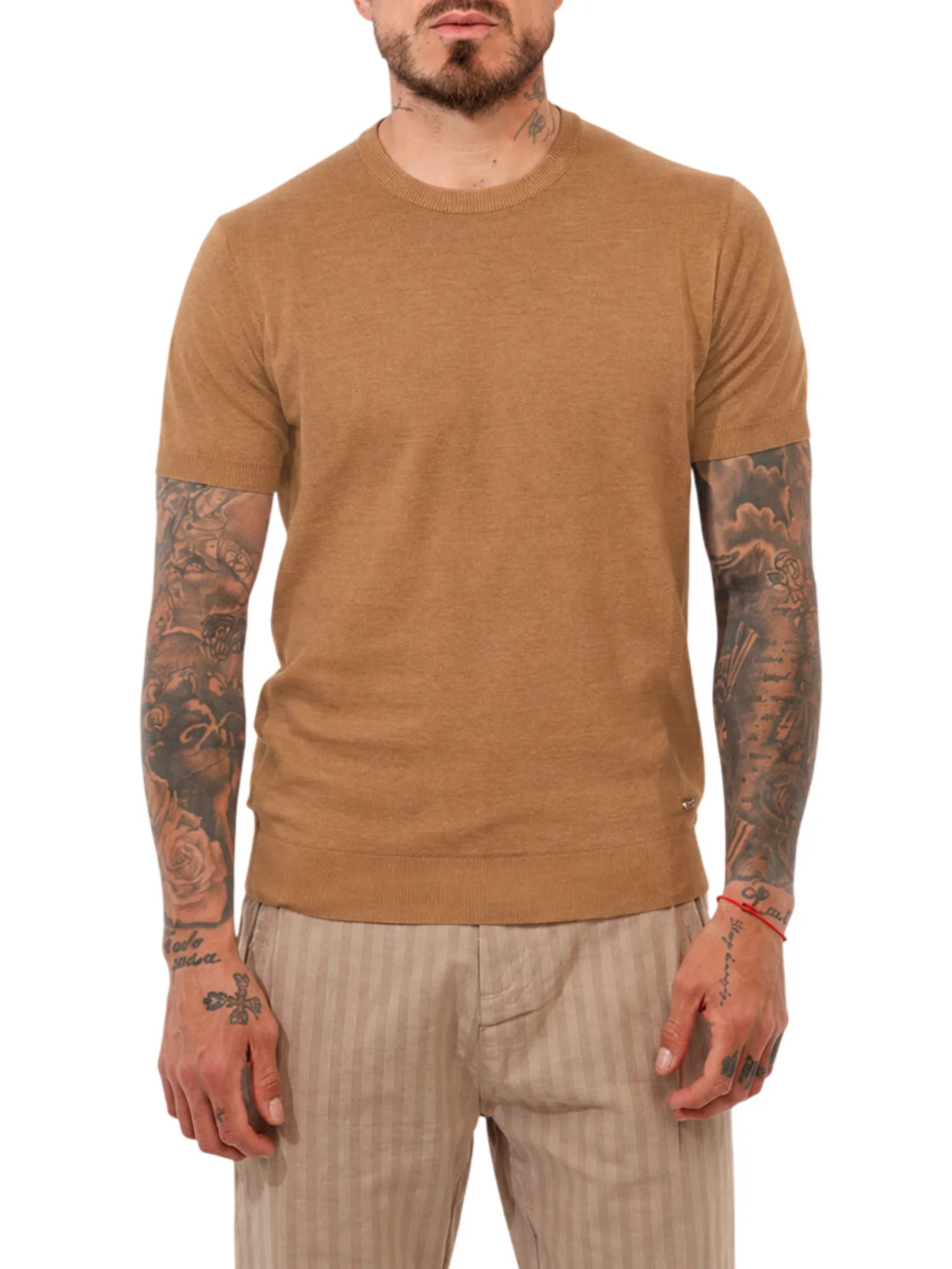Yes Zee maglia uomo manica corta misto lino marrone tabacco M720-H200 0247 YES-ZEE 