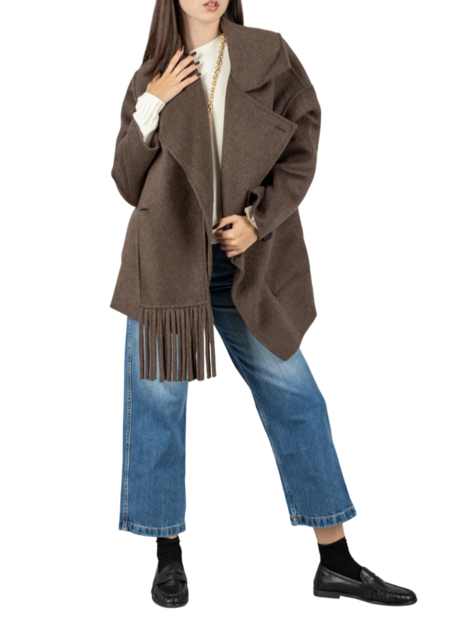 Vicolo cappotto doppiopetto misto lana con frange marrone TF0025 MARRONE VICOLO 
