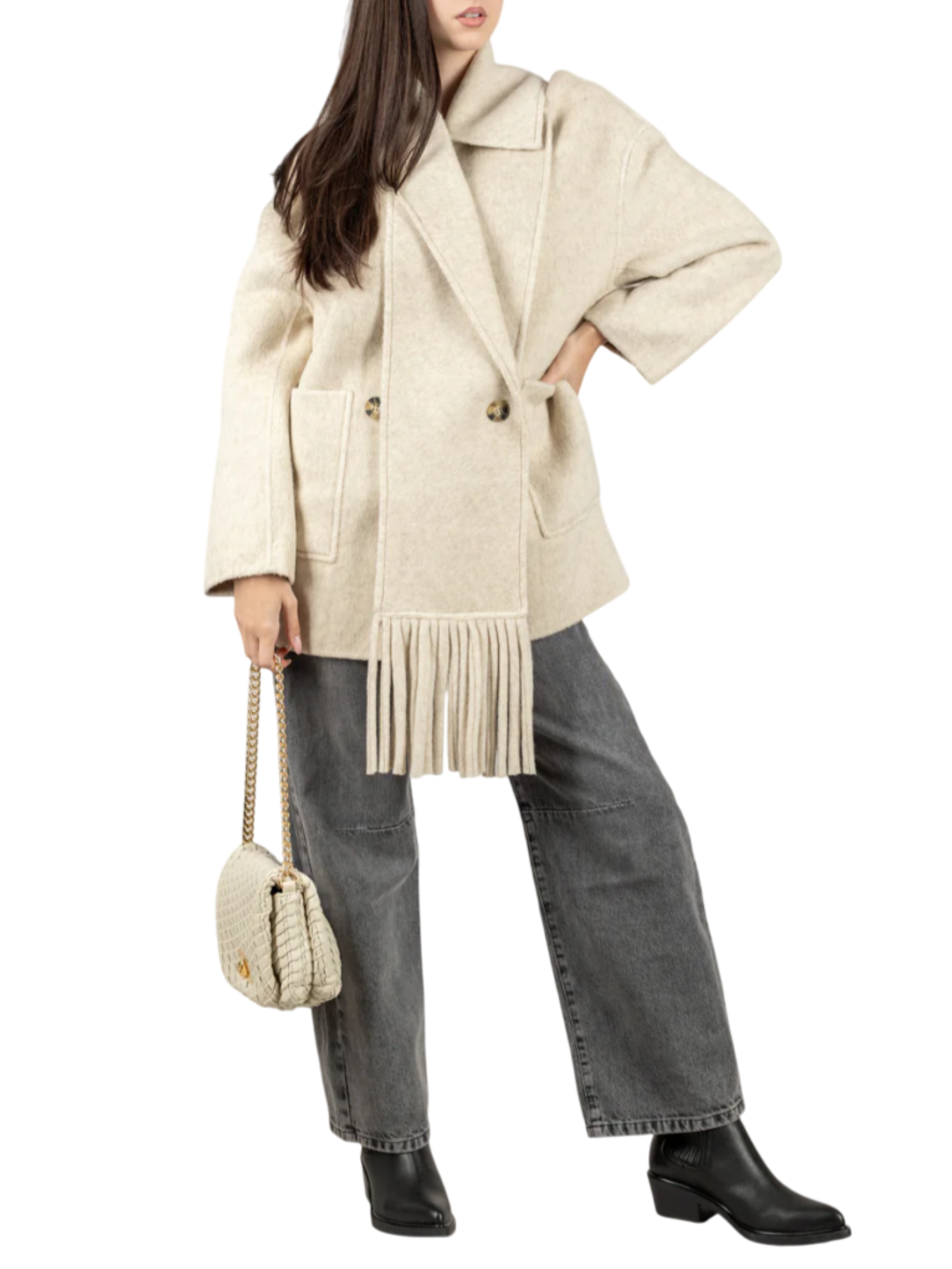 Vicolo cappotto doppiopetto misto lana con frange ecrù TF0025 ECRU VICOLO 