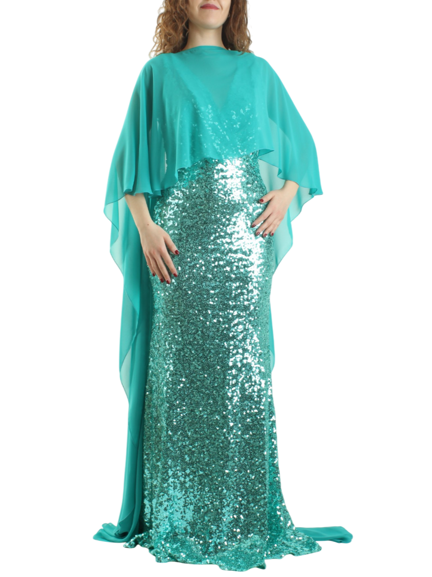 Atelier Legora abito lungo con paillettes e coprispalle verde acqua AT130-1 ACQUA A.LEGORA 