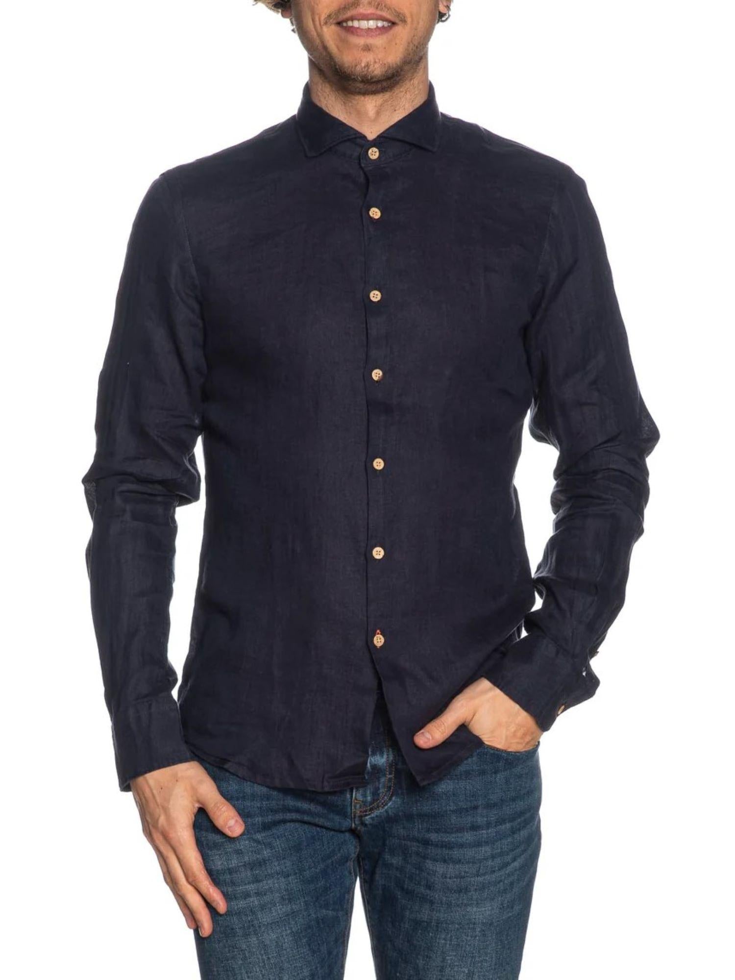 Yes Zee camicia maniche lunghe in lino con collo francese blu C505-UP00 0710 YES-ZEE 