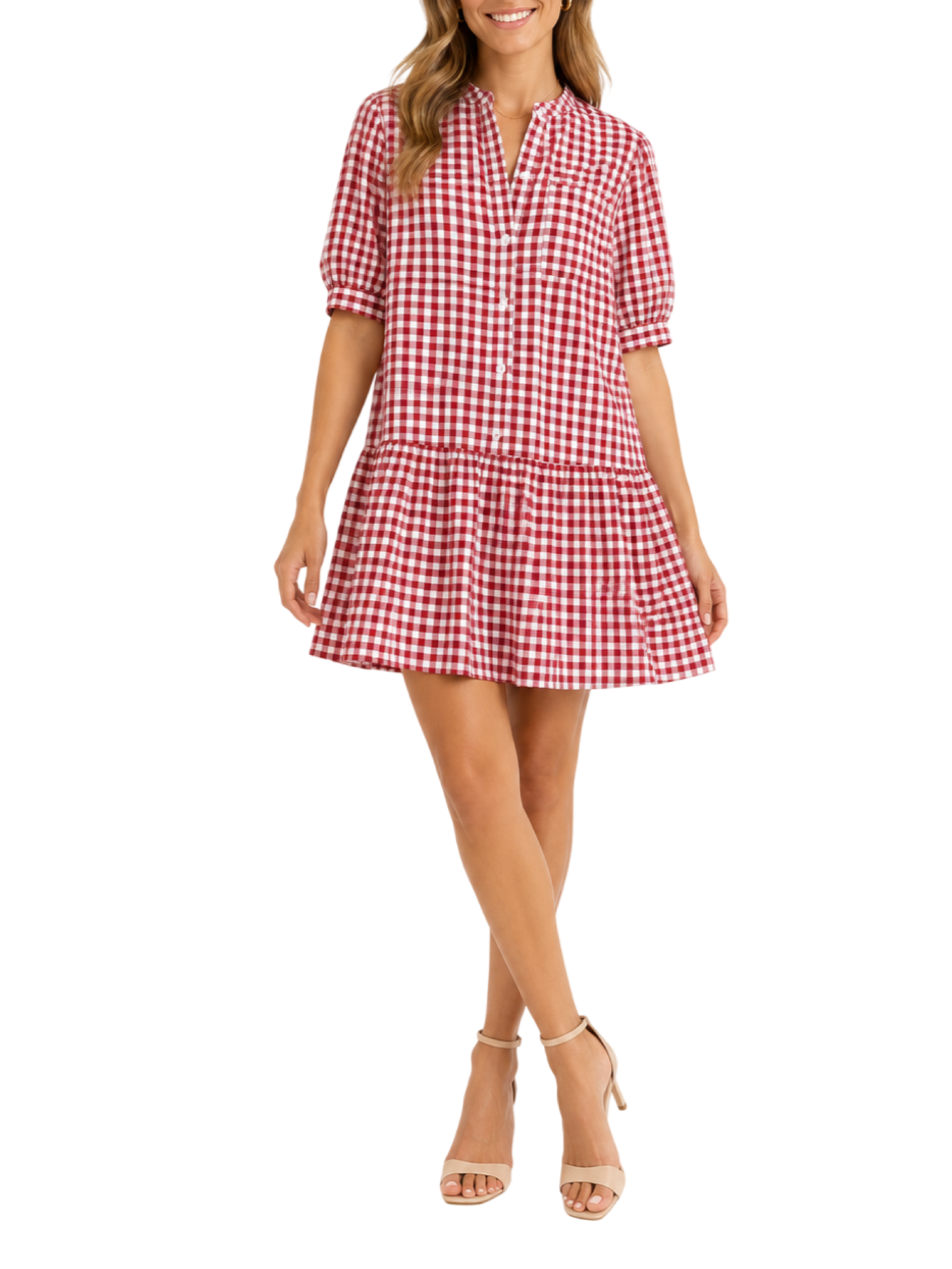 Vicolo abito corto fantasia vichy bianco rosso TAB2771 NATURALE-ROSSO VICOLO 