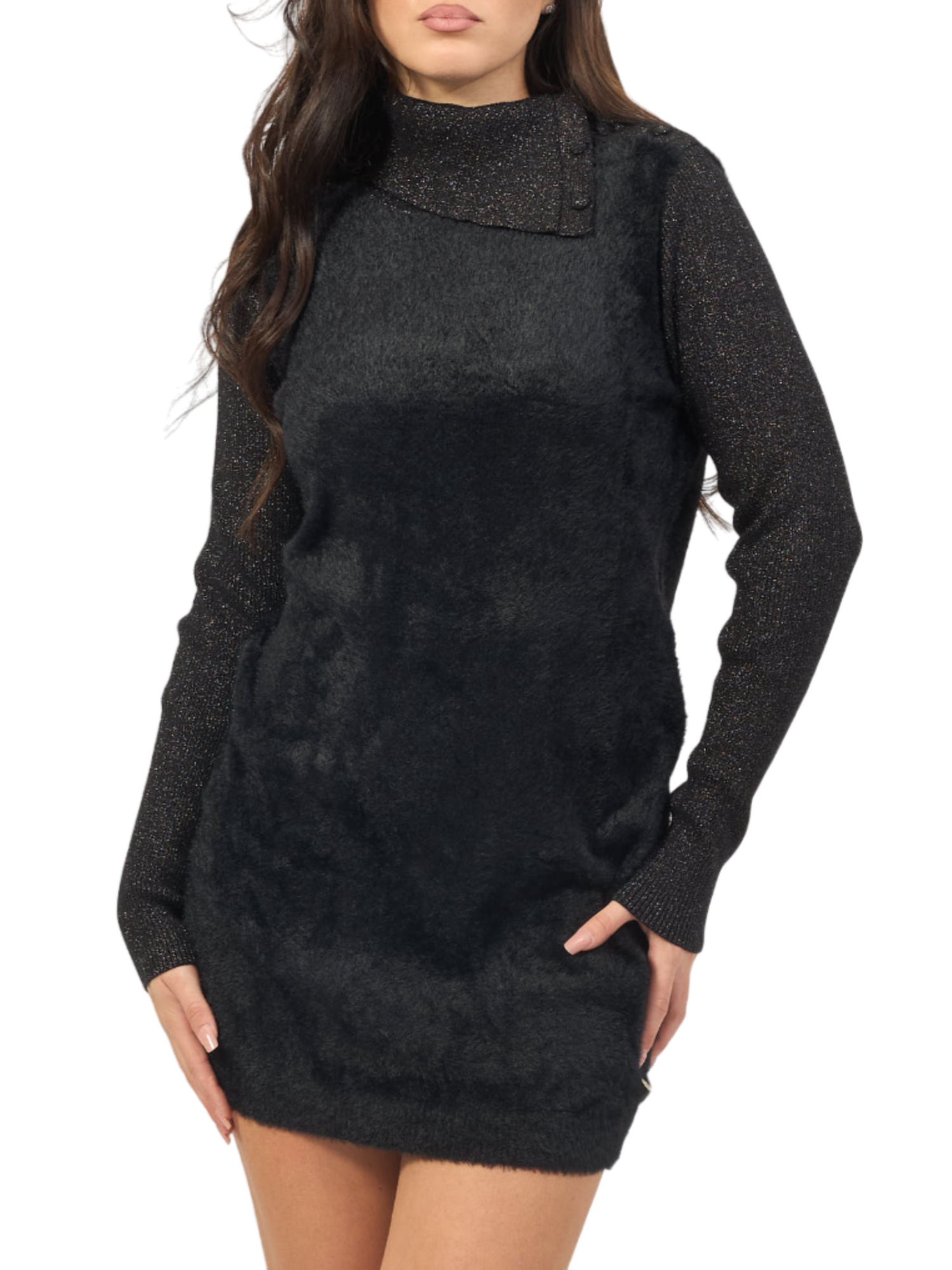 Yes Zee abito dolcevita in maglia furry nero A026-IS00 0801 YES-ZEE 