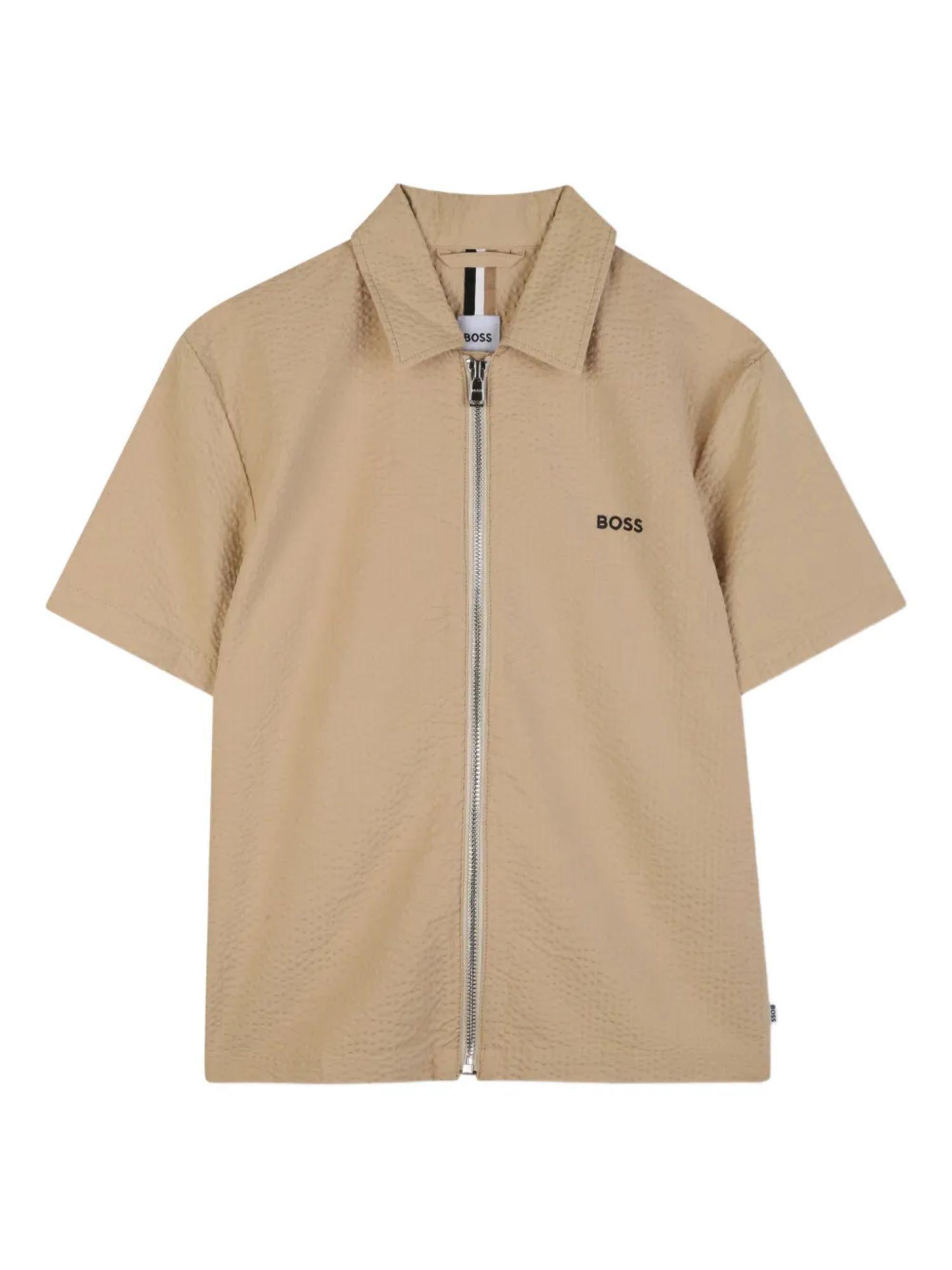 Boss camicia bambino con zip in cotone martellato beige J52946 BEIGE BOSS 