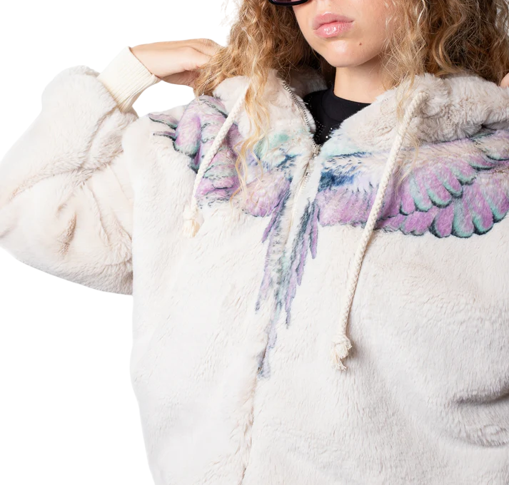 County of Milan pelliccia ecologica con zip stampa iconica ecrù CM30005 LATTE-PINK WINGS COUNTY OF MILAN 