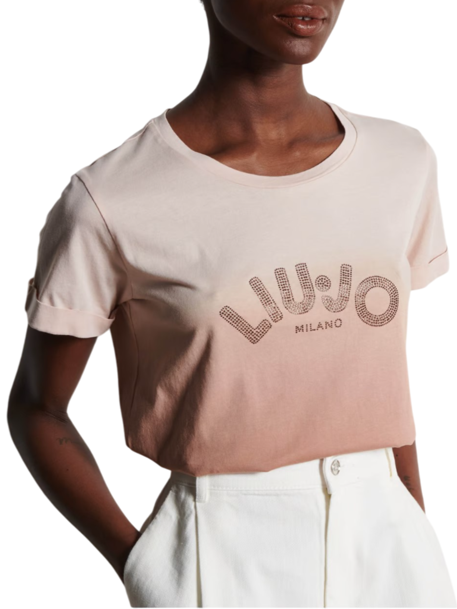 Liu Jo T-shirt manica corta effetto degradè con logo strass rosa tortora