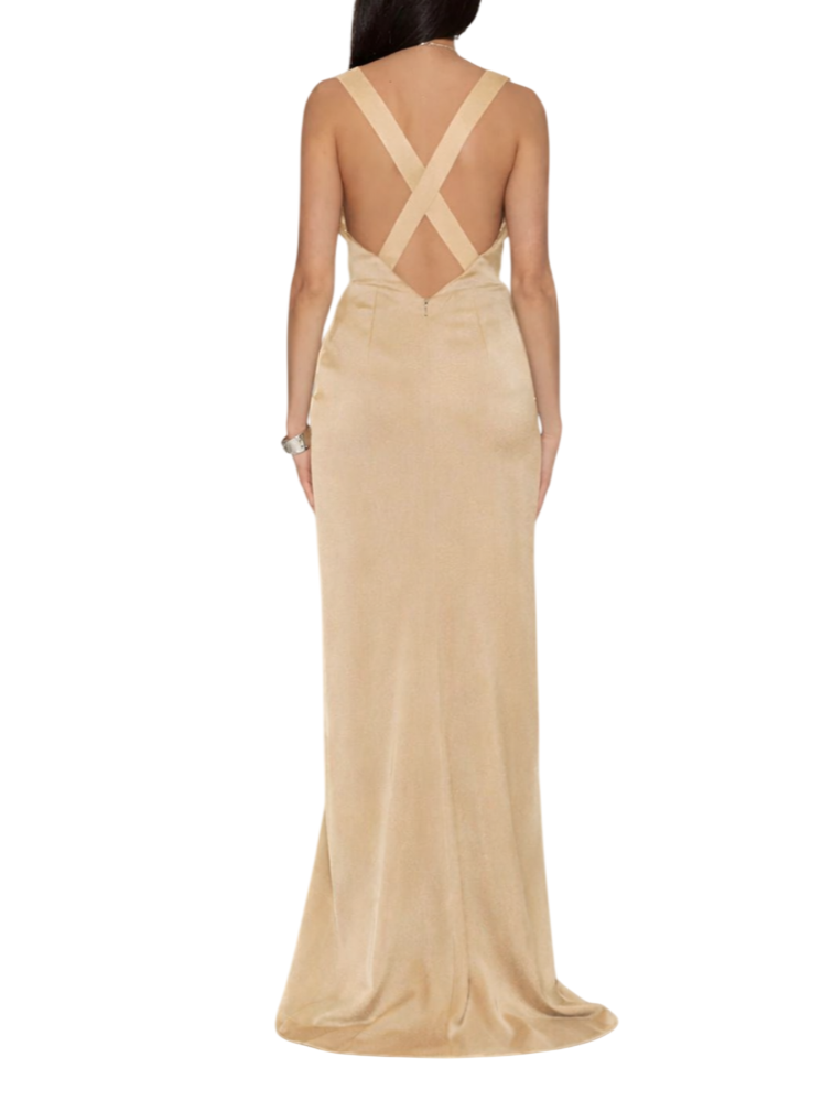 Silence abito lungo satin con spacco beige chiaro AB4224 SAND SILENCE 
