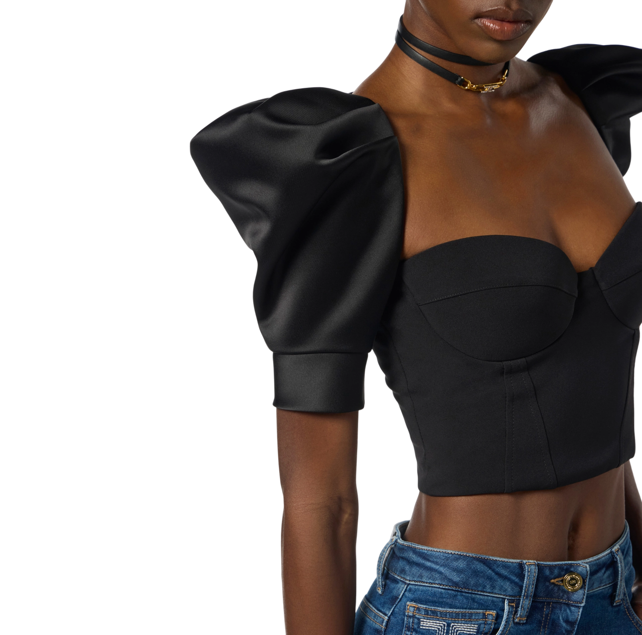 Elisabetta Franchi top in crepe e duchesse con manica palloncino nero TO02656E2 110 ELISABETTA FRANCHI 