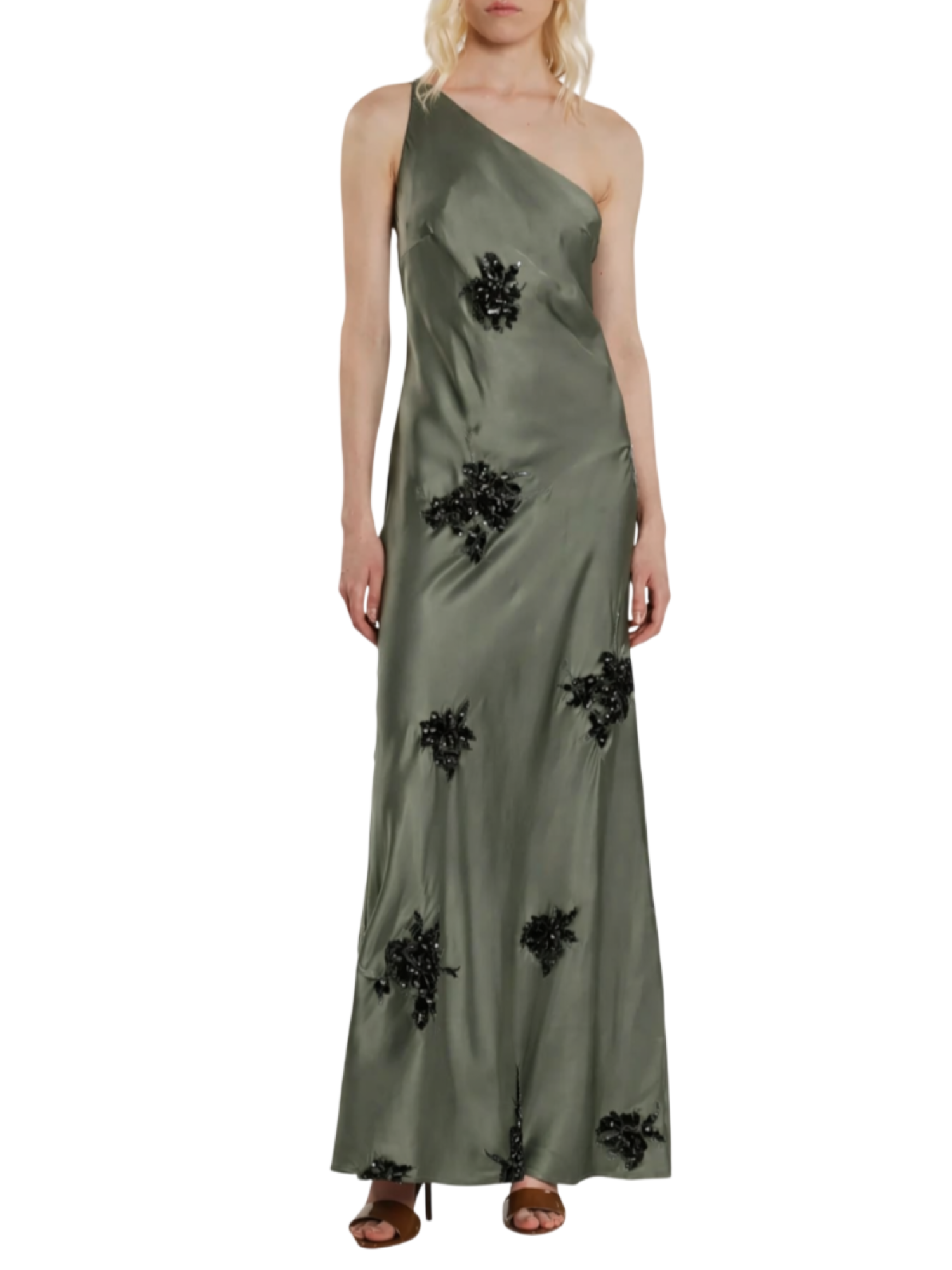 Relish abito monospalla satin con applicazioni floreali paillettes verde ARCAJA 1199 RELISH 