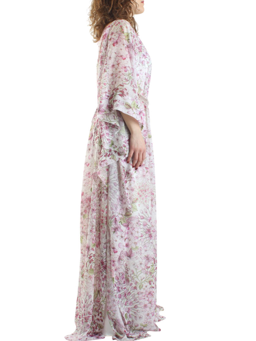 Atelier Legora abito da cerimonia lungo in fantasia floreale bianco rosa AT148-21 GERANIO A.LEGORA 