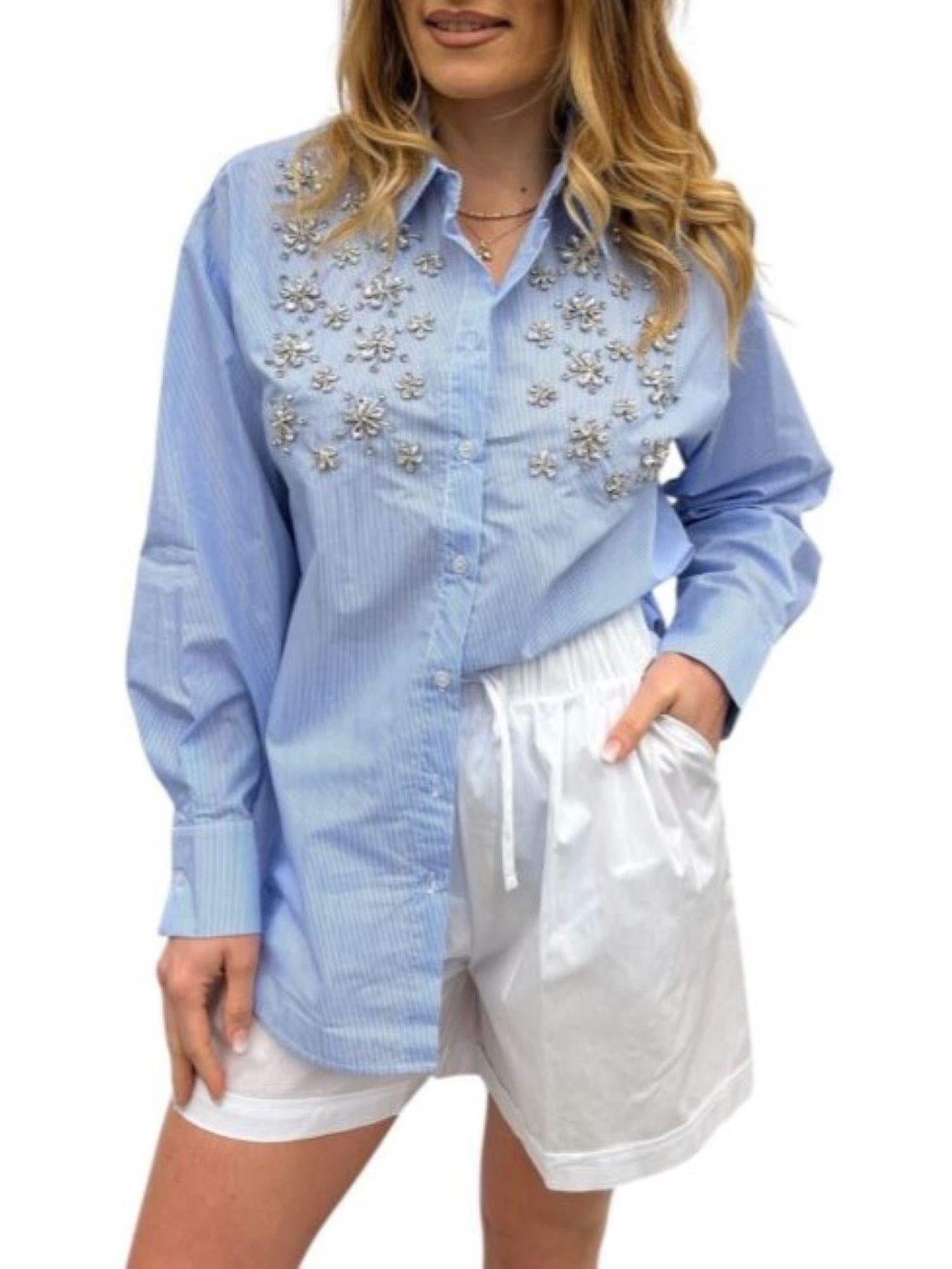 White Wise camicia manica lunga con applicazioni gioiello celeste WW30476 UNICA WHITE WISE 