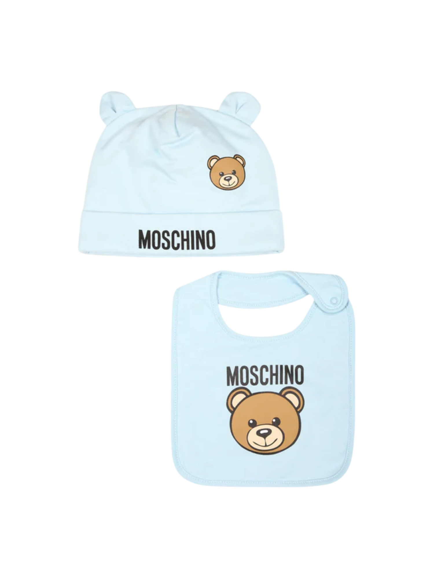 Moschino set cappello e bavetta con orsetto Teddy celeste MUY084-LCA19 40304 MOSCHINO 