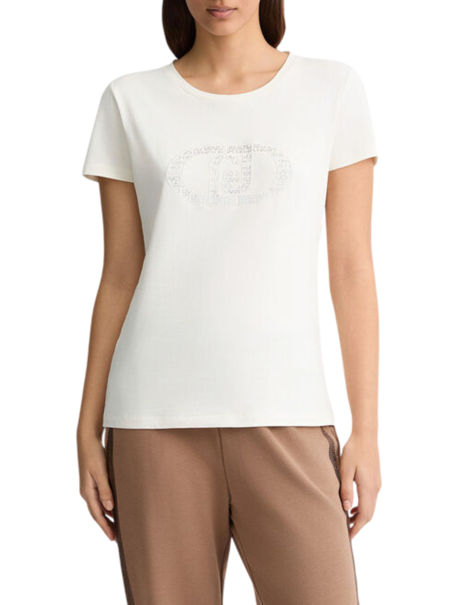 Liu Jo T-shirt maniche corte con logo iconico strass bianco latte