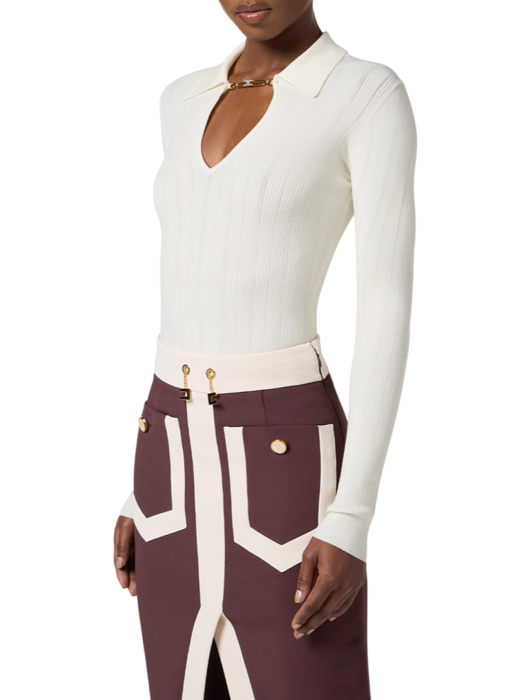 Elisabetta Franchi maglia a costine con dettaglio gioiello panna MK09B56E2 DZ9 ELISABETTA FRANCHI 