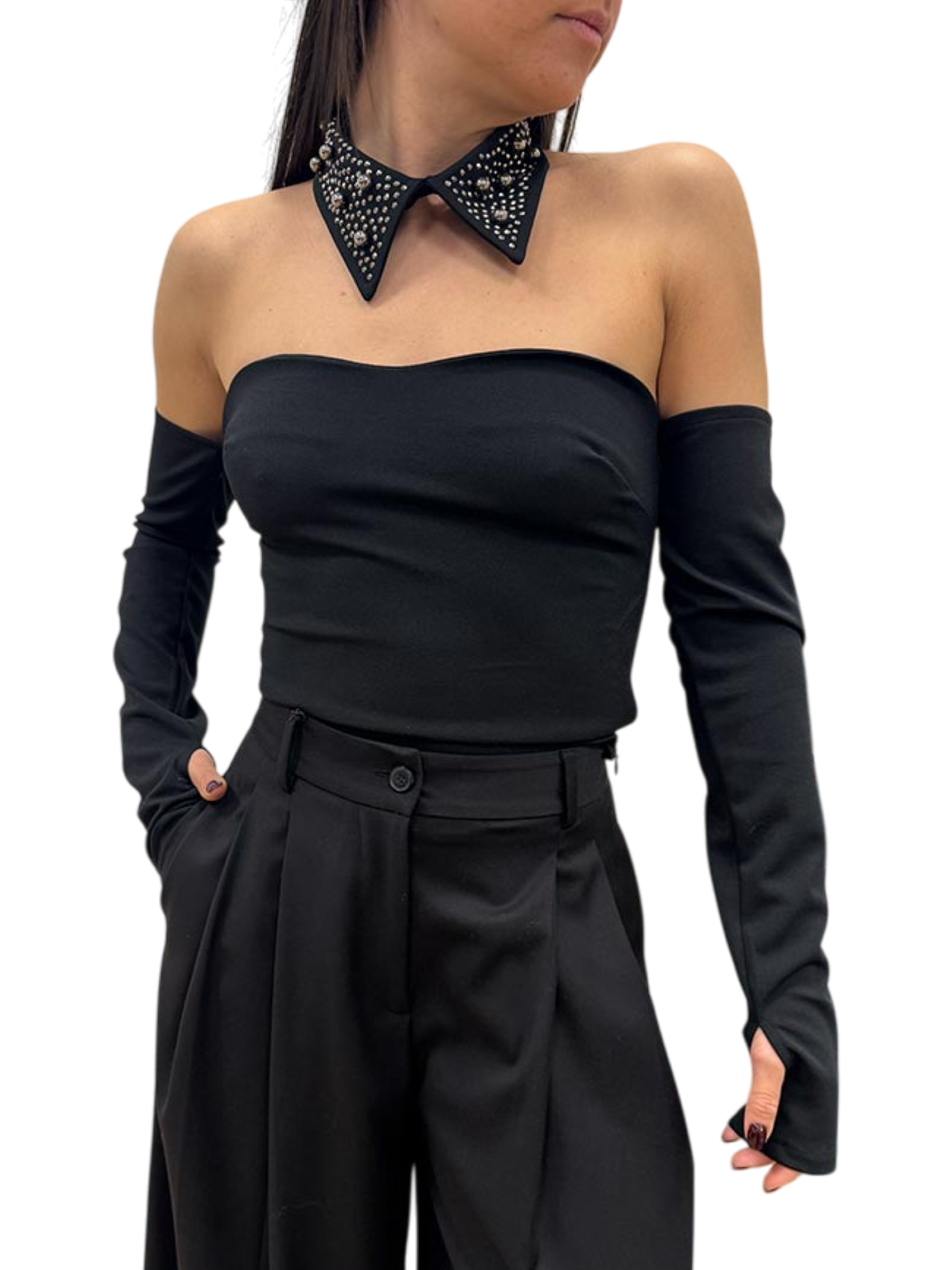 Haveone top manica lunga con colletto gioiello nero RVS-M044 NERO HAVEONE 